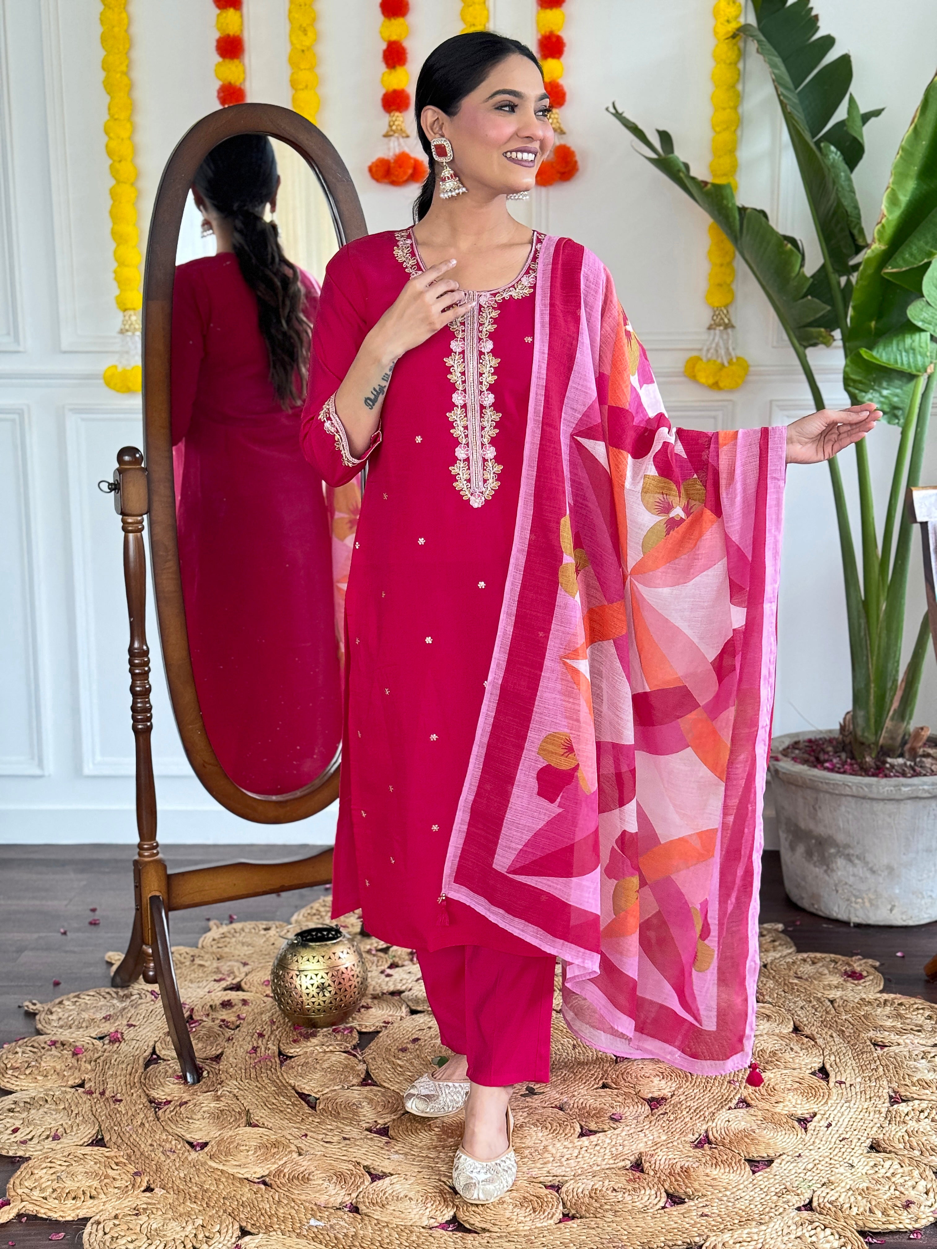 Exclusive Pink Color Viscose Chanderi With Embroidery Work Beautiful Kurta Set