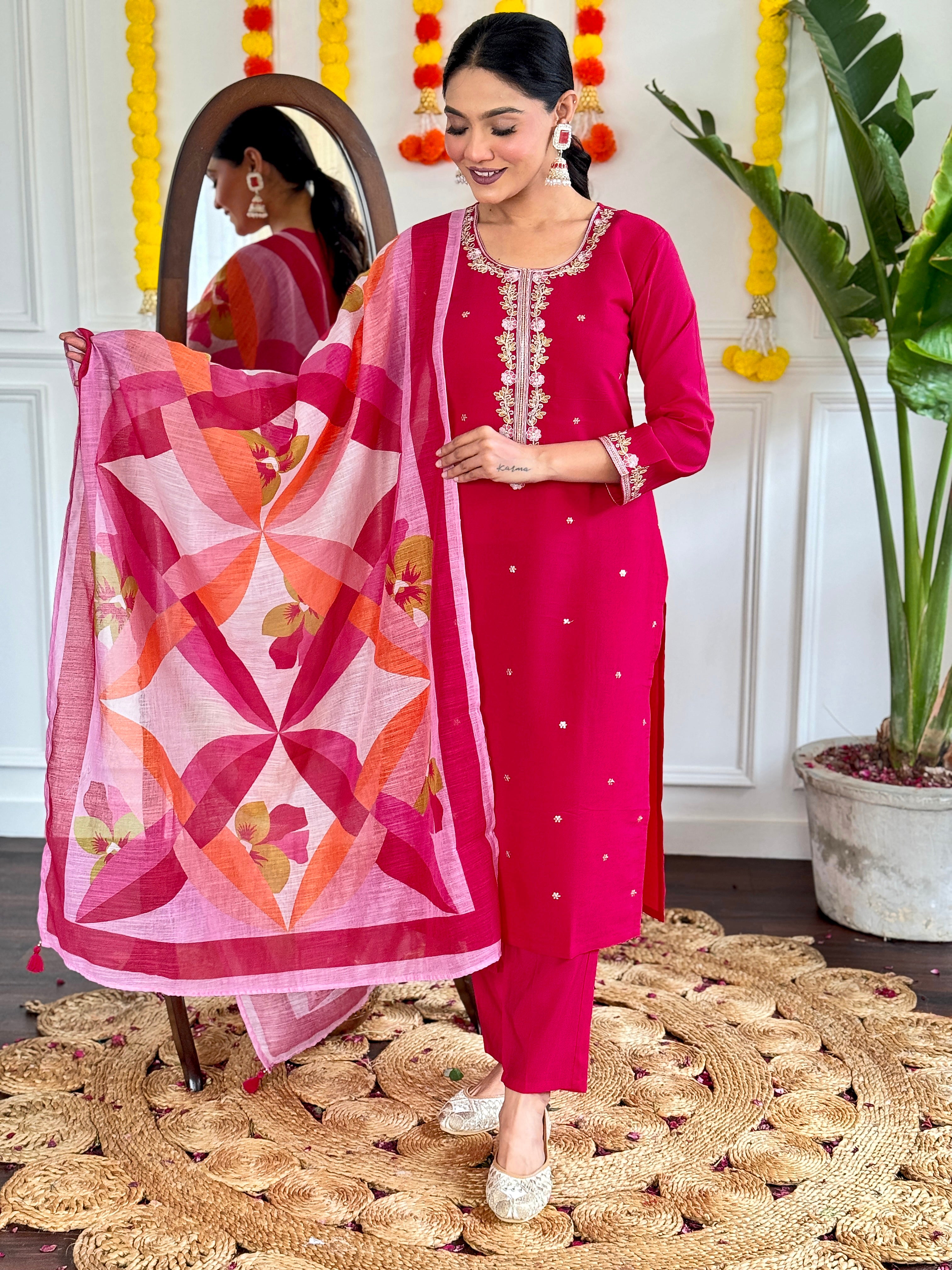 Exclusive Pink Color Viscose Chanderi With Embroidery Work Beautiful Kurta Set