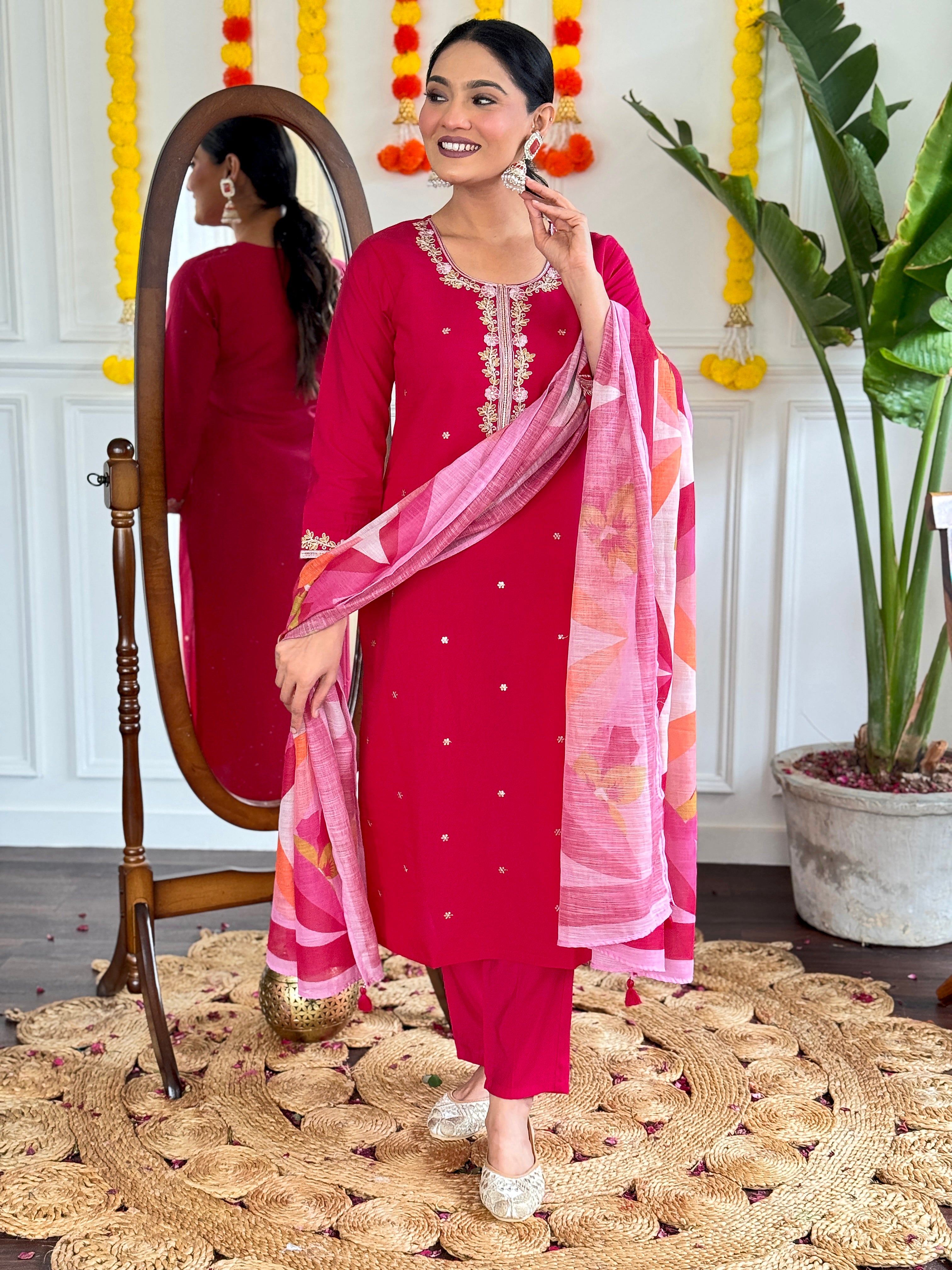 Exclusive Pink Color Viscose Chanderi With Embroidery Work Beautiful Kurta Set