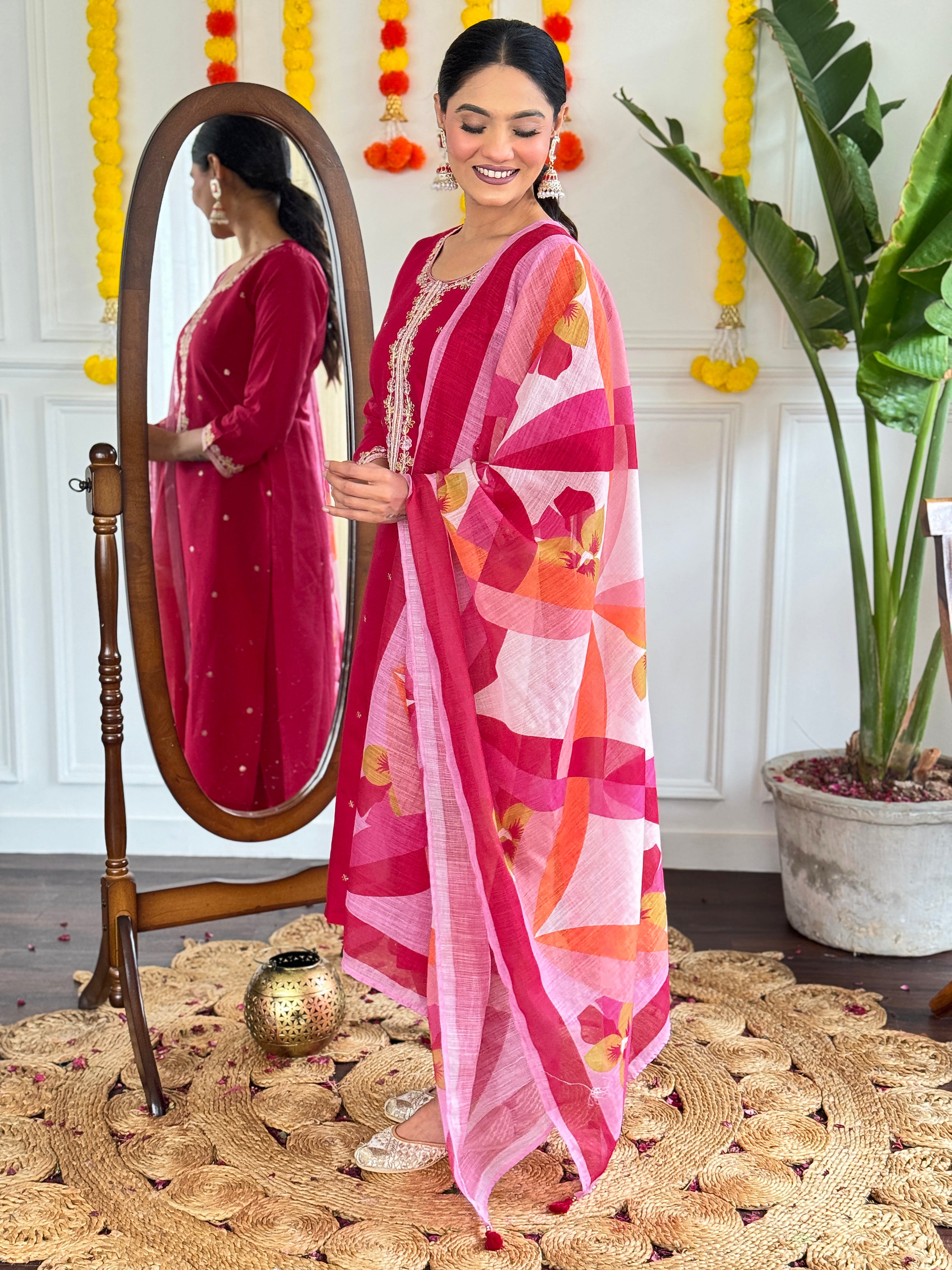 Exclusive Pink Color Viscose Chanderi With Embroidery Work Beautiful Kurta Set