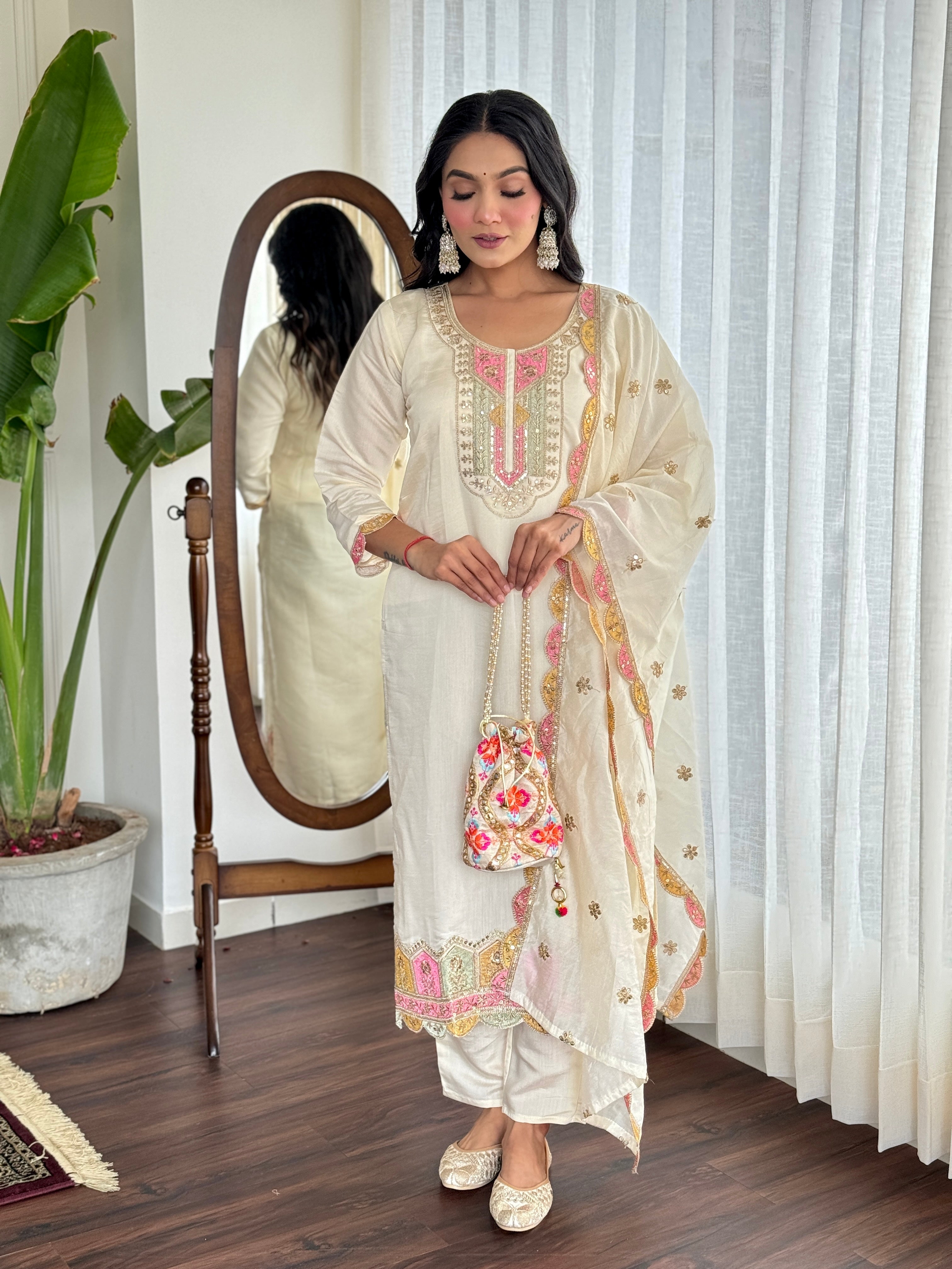 Party Wear Cream Color Viscose Chanderi With Embroidery Designer Kurta Set