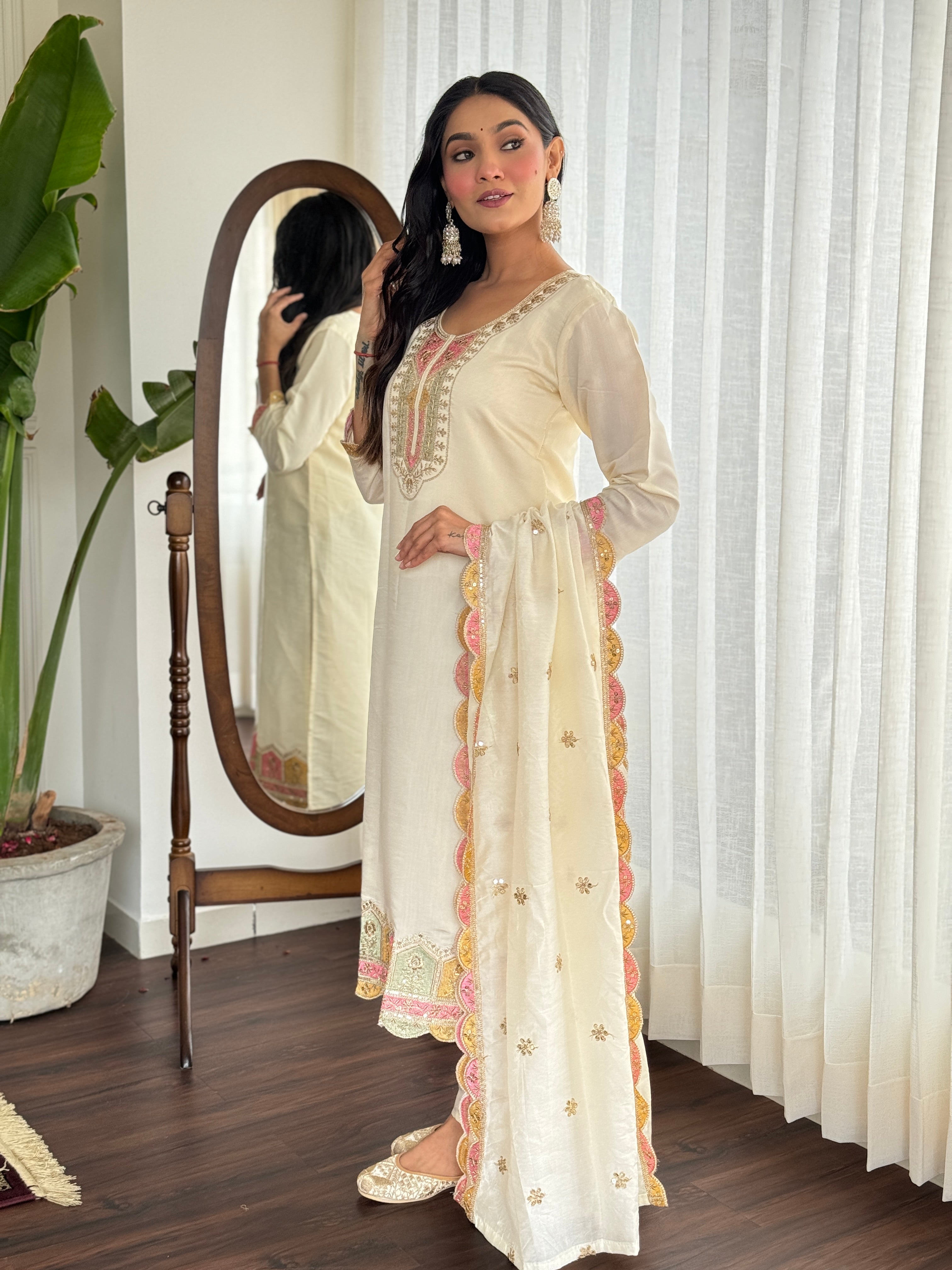 Party Wear Cream Color Viscose Chanderi With Embroidery Designer Kurta Set