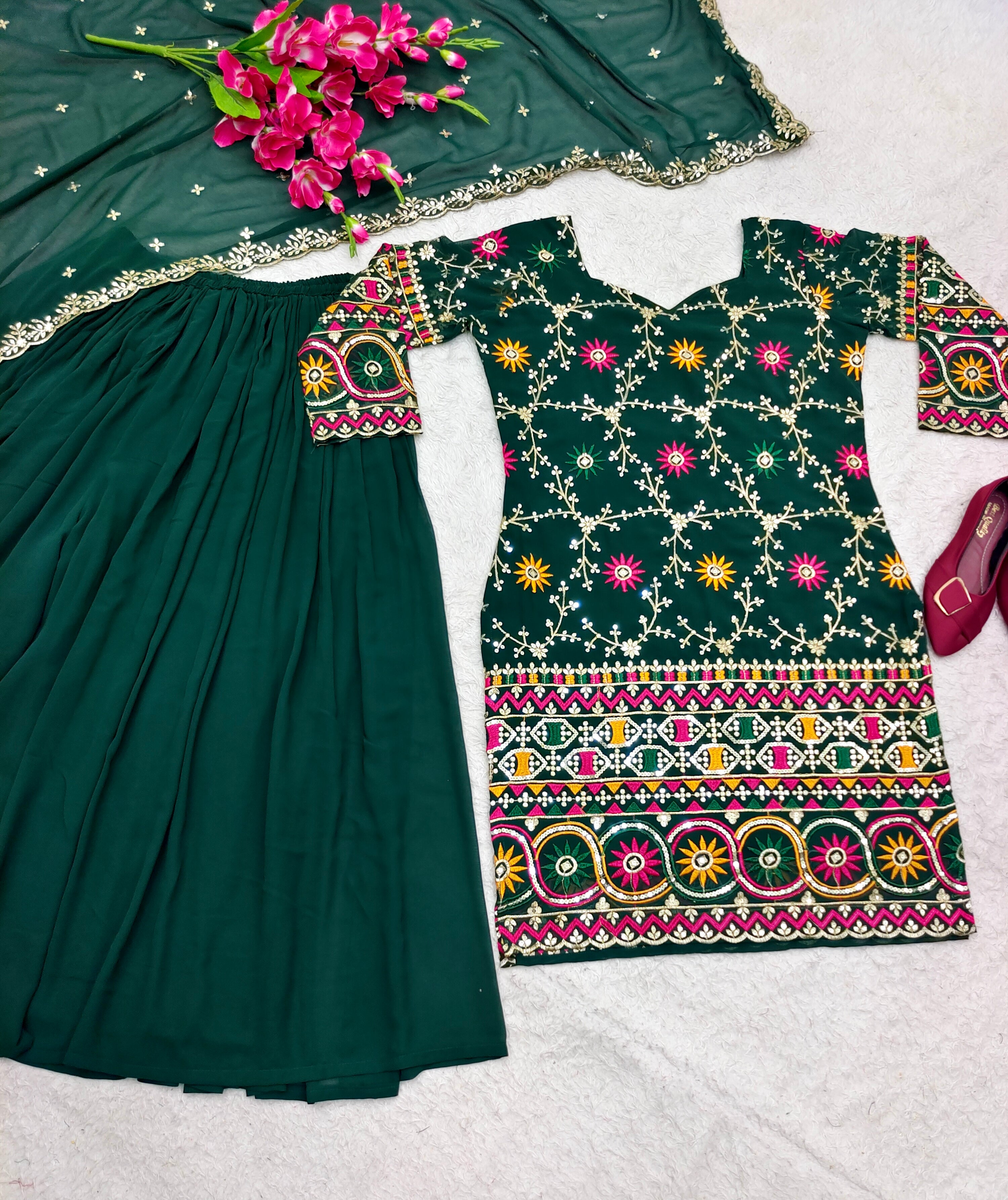 Amazing Green Color Sequence Embroidery Work Sharara Suit