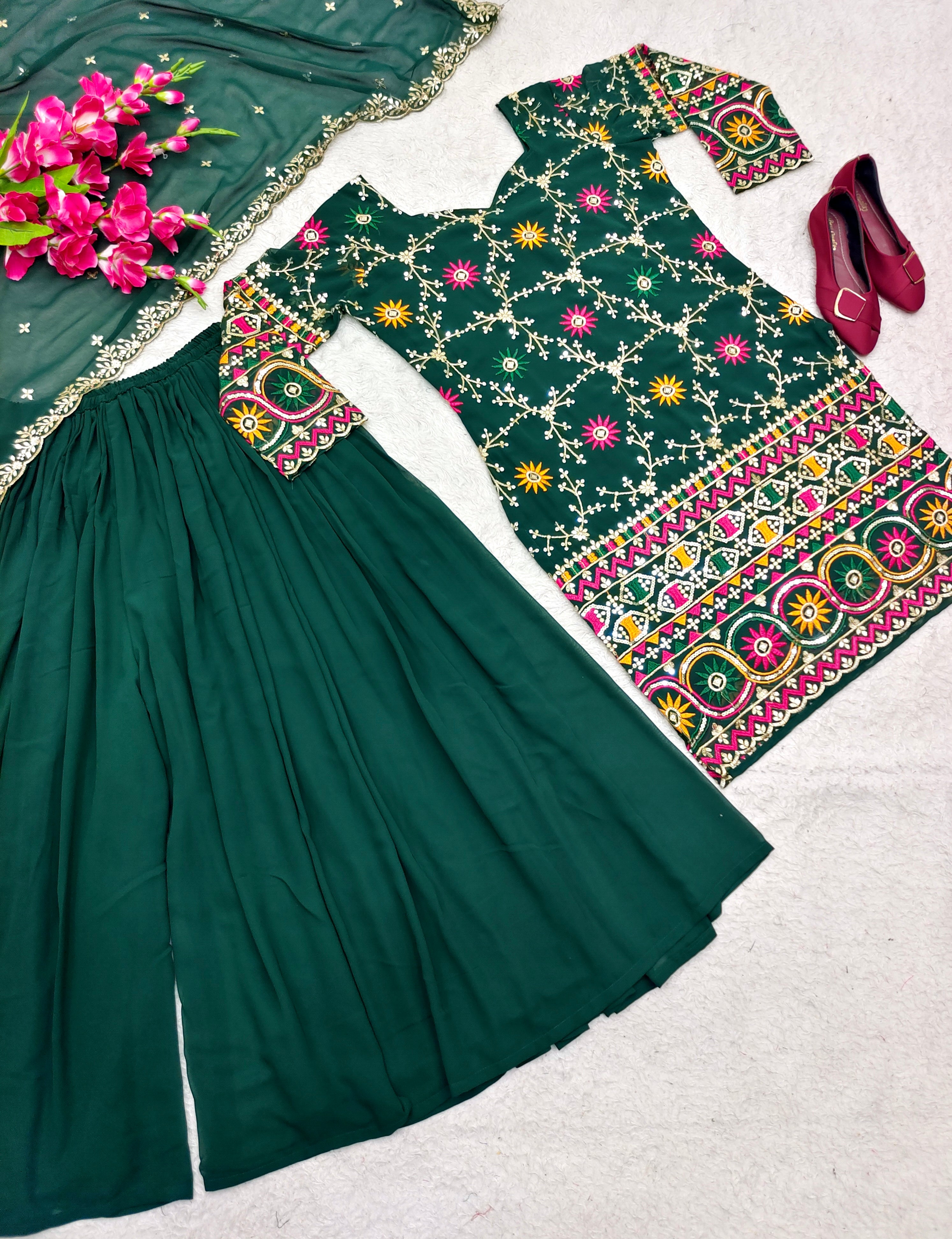 Amazing Green Color Sequence Embroidery Work Sharara Suit