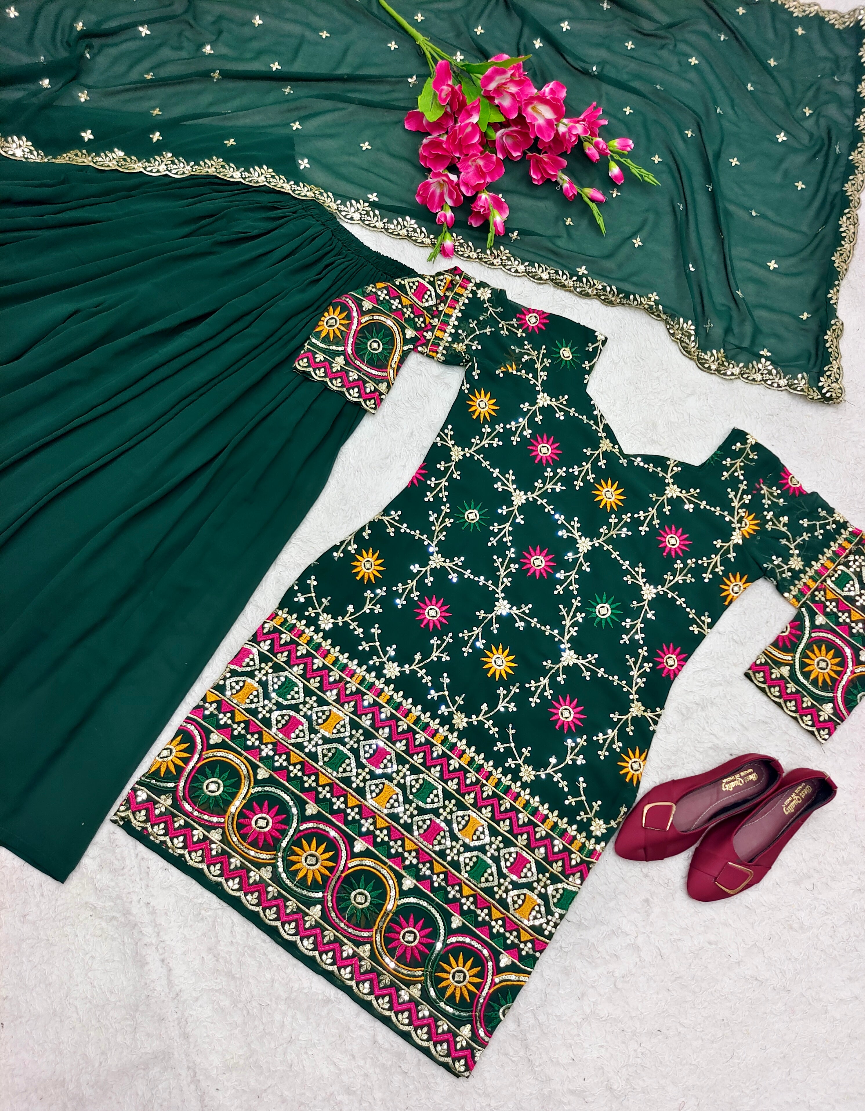 Amazing Green Color Sequence Embroidery Work Sharara Suit