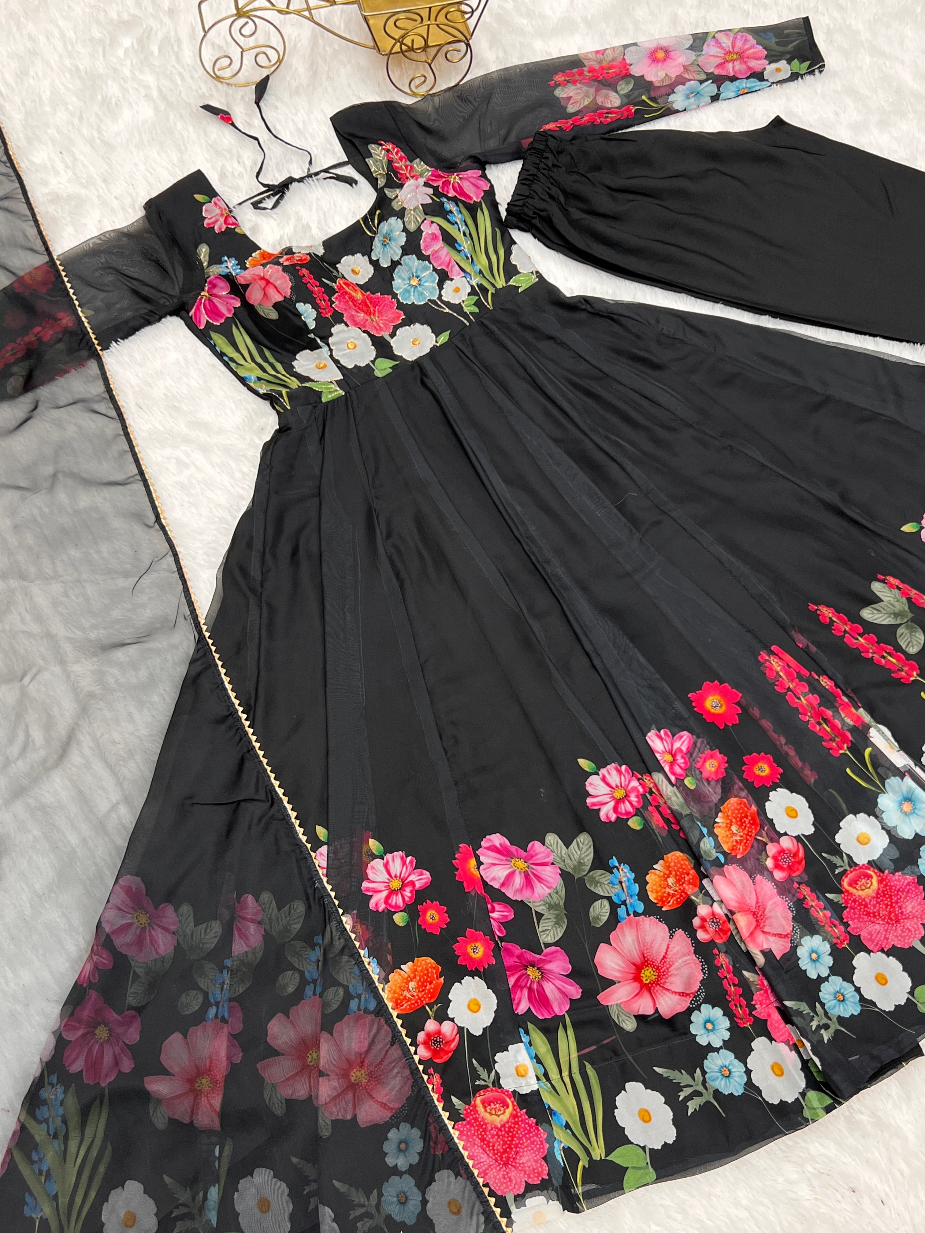 Multi Flower Print Black Color Anarkali Suit