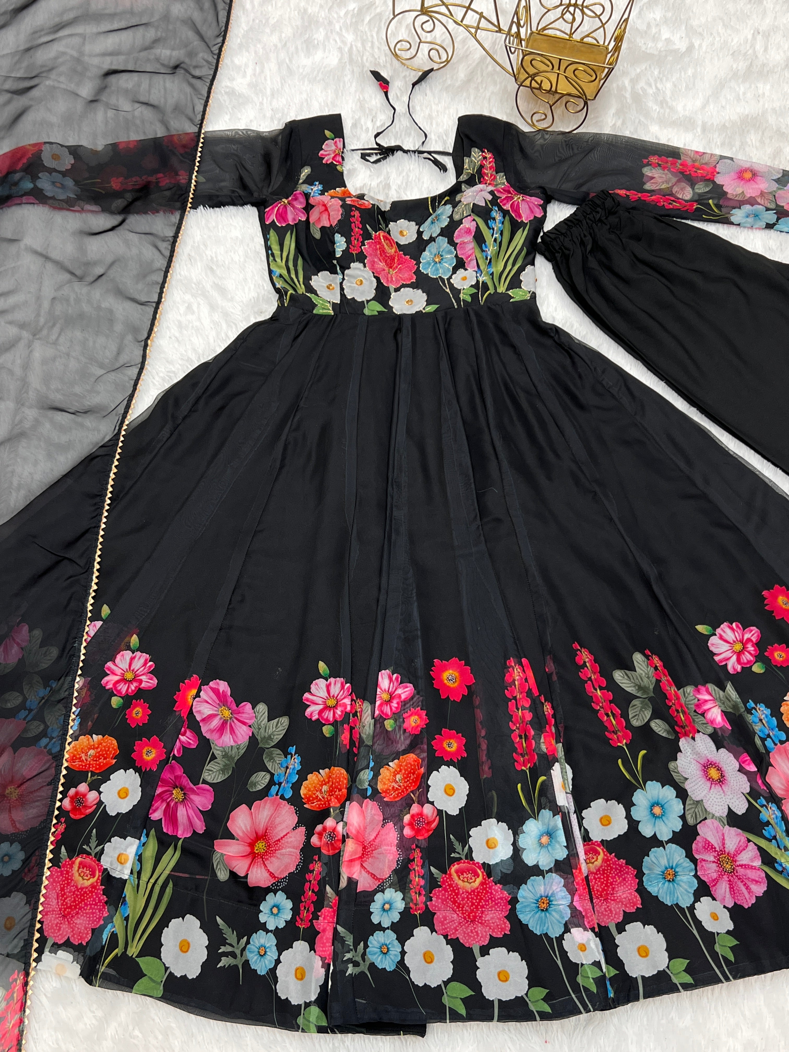 Multi Flower Print Black Color Anarkali Suit