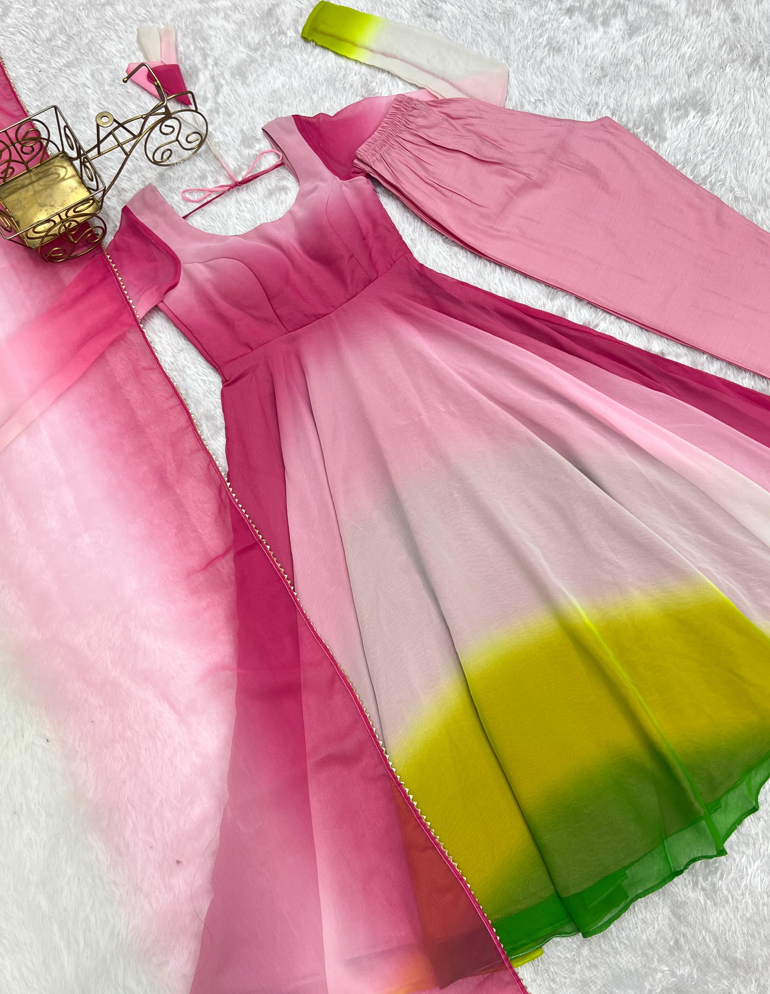 Party Wear Peach And Pink Color Heavy Pure Soft Faux Georgette Designer Anarkali Gown