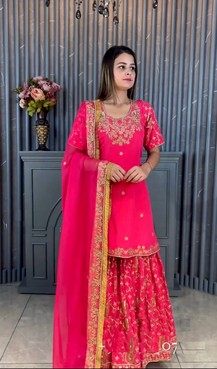 Awesome Pink Color Sequence Embroidered Sharara Suit