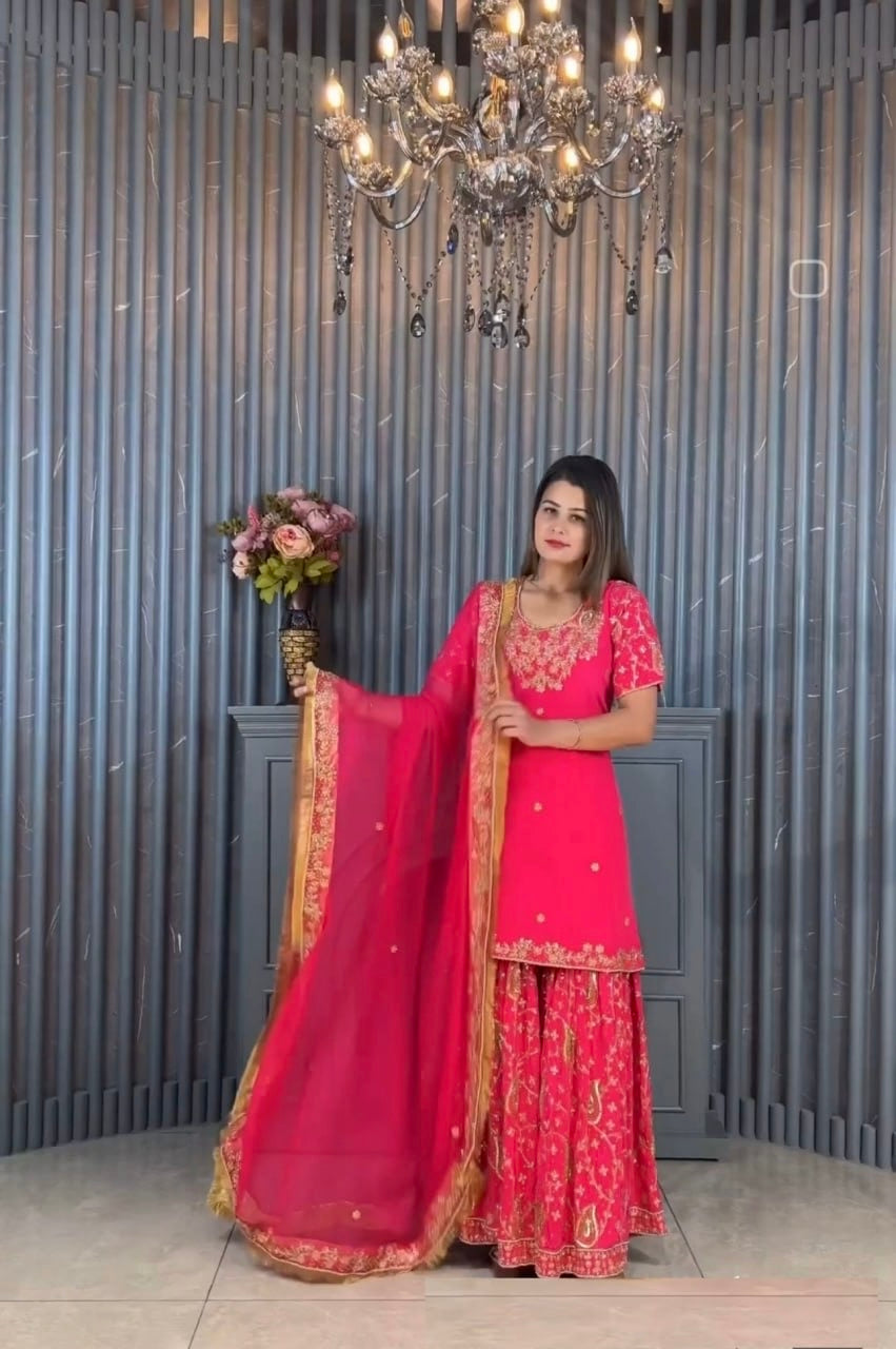 Awesome Pink Color Sequence Embroidered Sharara Suit