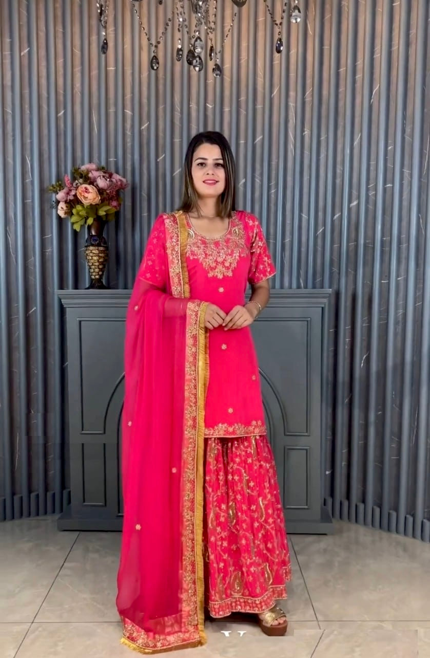 Awesome Pink Color Sequence Embroidered Sharara Suit