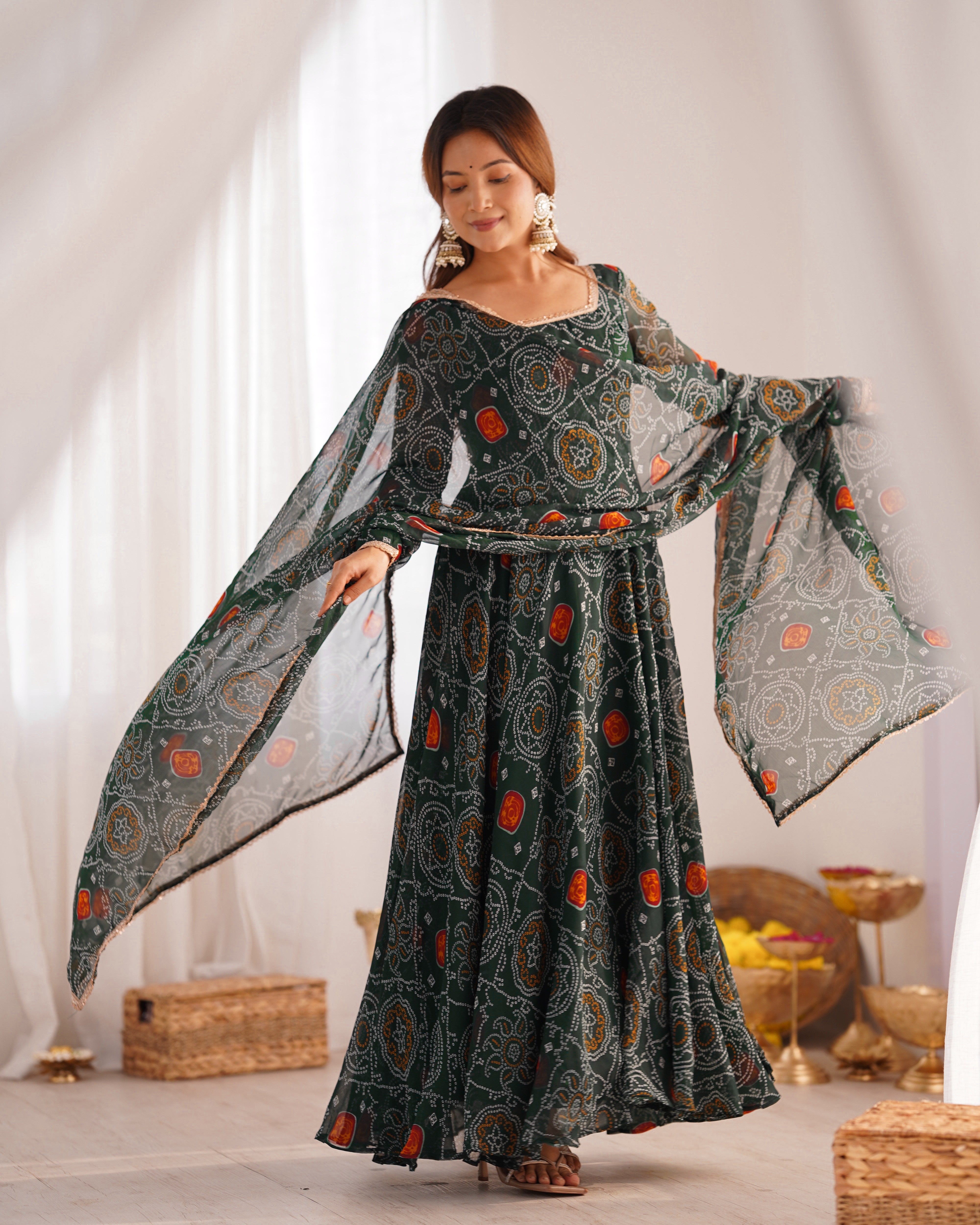 Festive Wear Green Color Pure Soft Lightweight Chiffon Bandhej Fabric Designer Gown