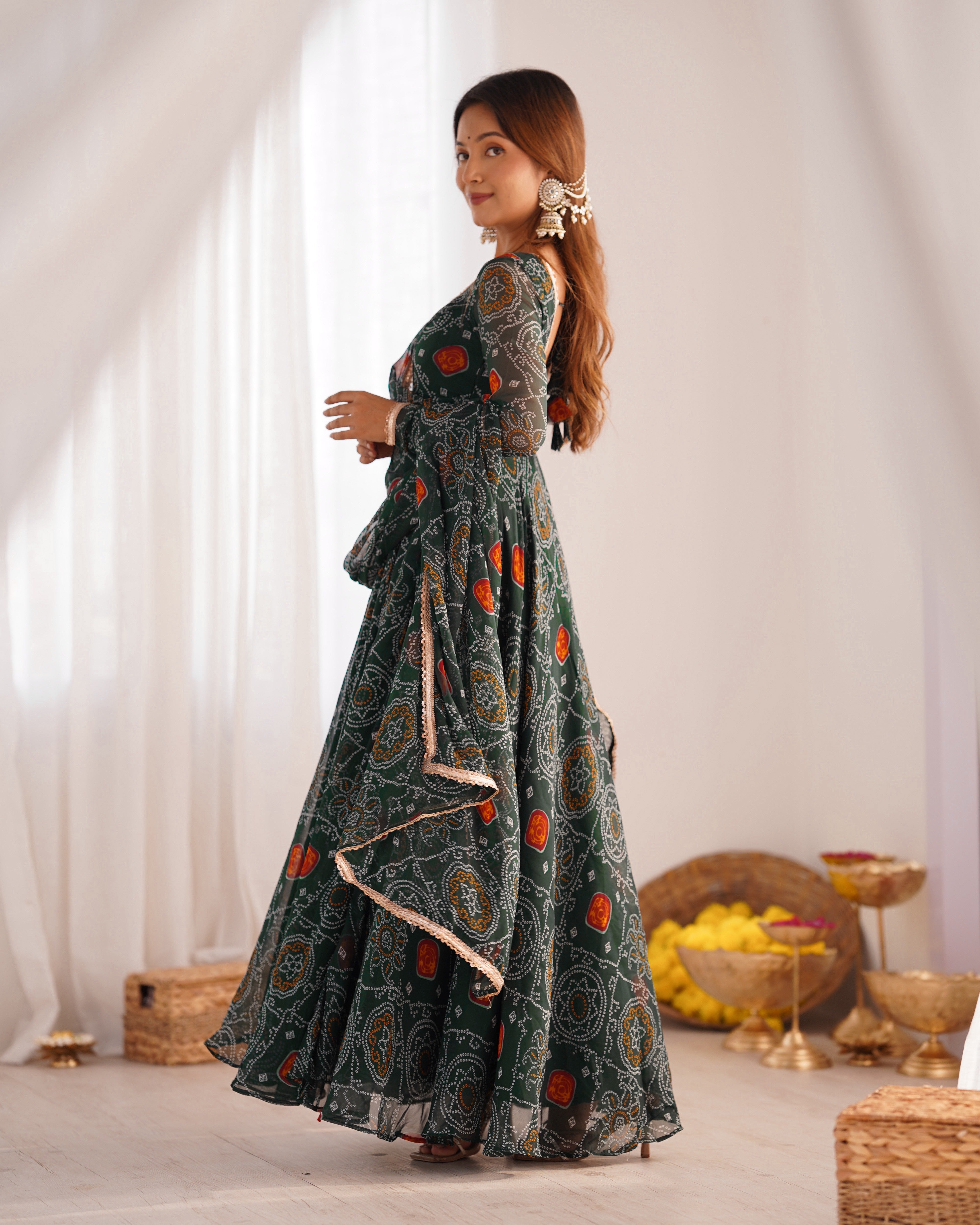 Festive Wear Green Color Pure Soft Lightweight Chiffon Bandhej Fabric Designer Gown