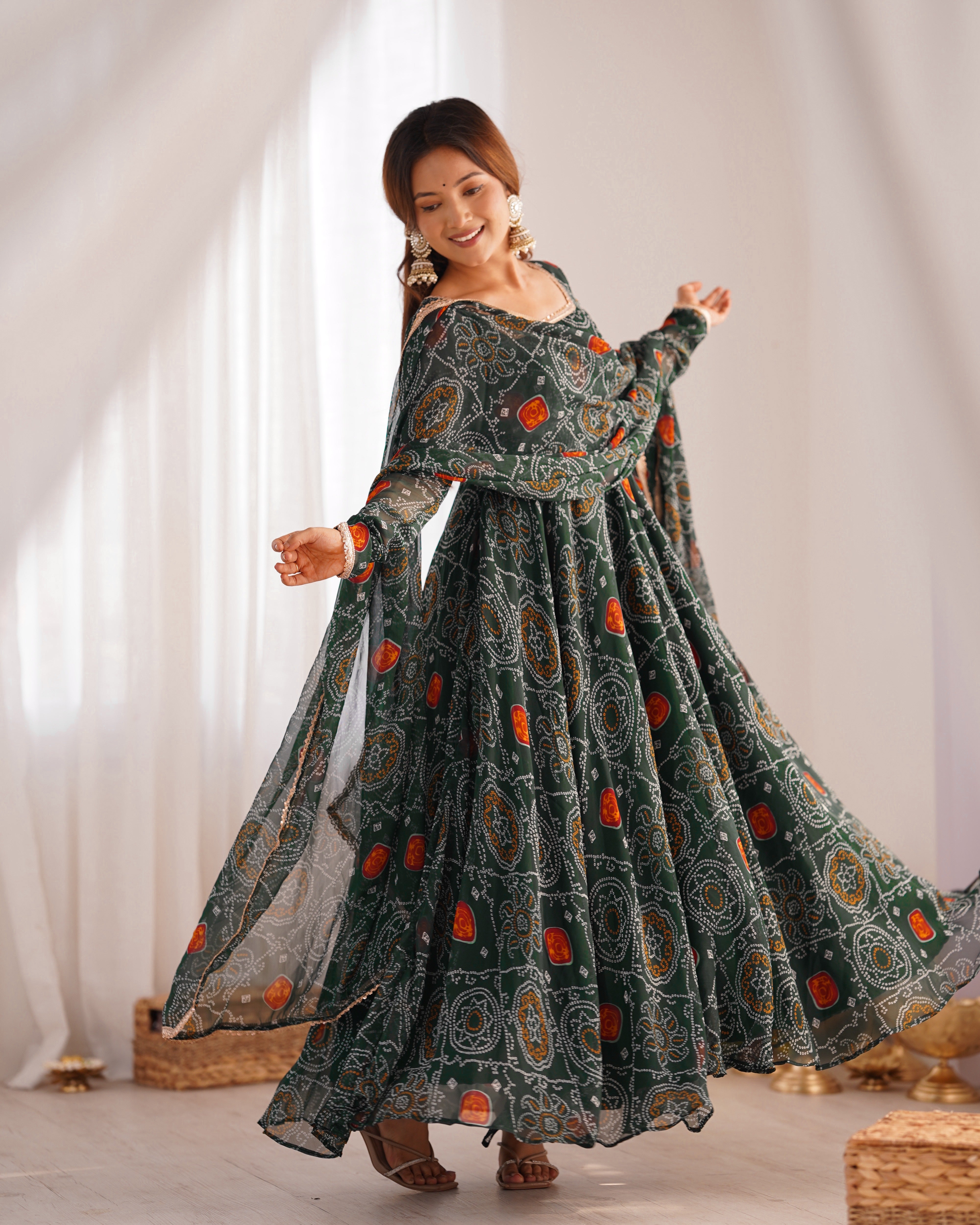 Festive Wear Green Color Pure Soft Lightweight Chiffon Bandhej Fabric Designer Gown