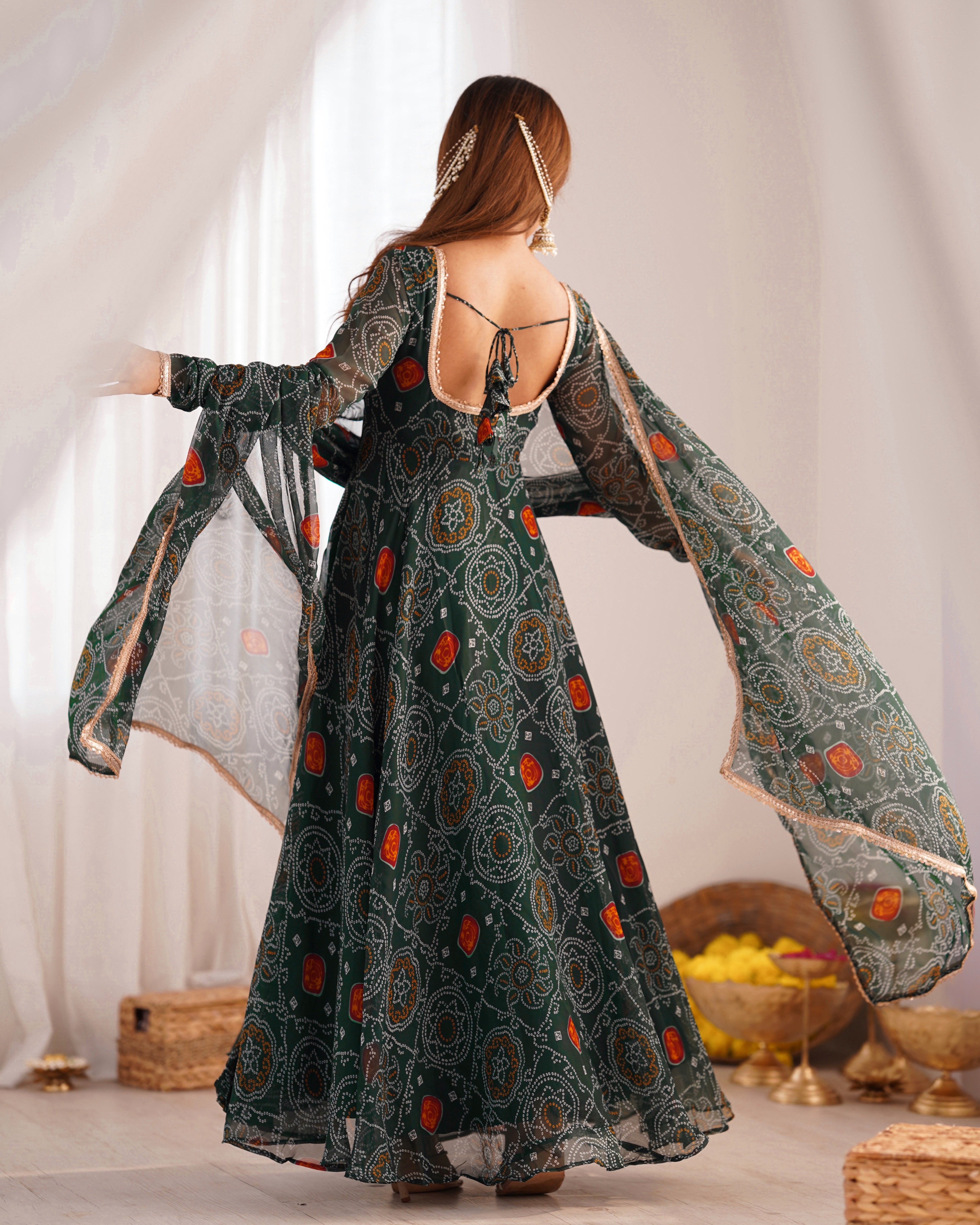 Festive Wear Green Color Pure Soft Lightweight Chiffon Bandhej Fabric Designer Gown