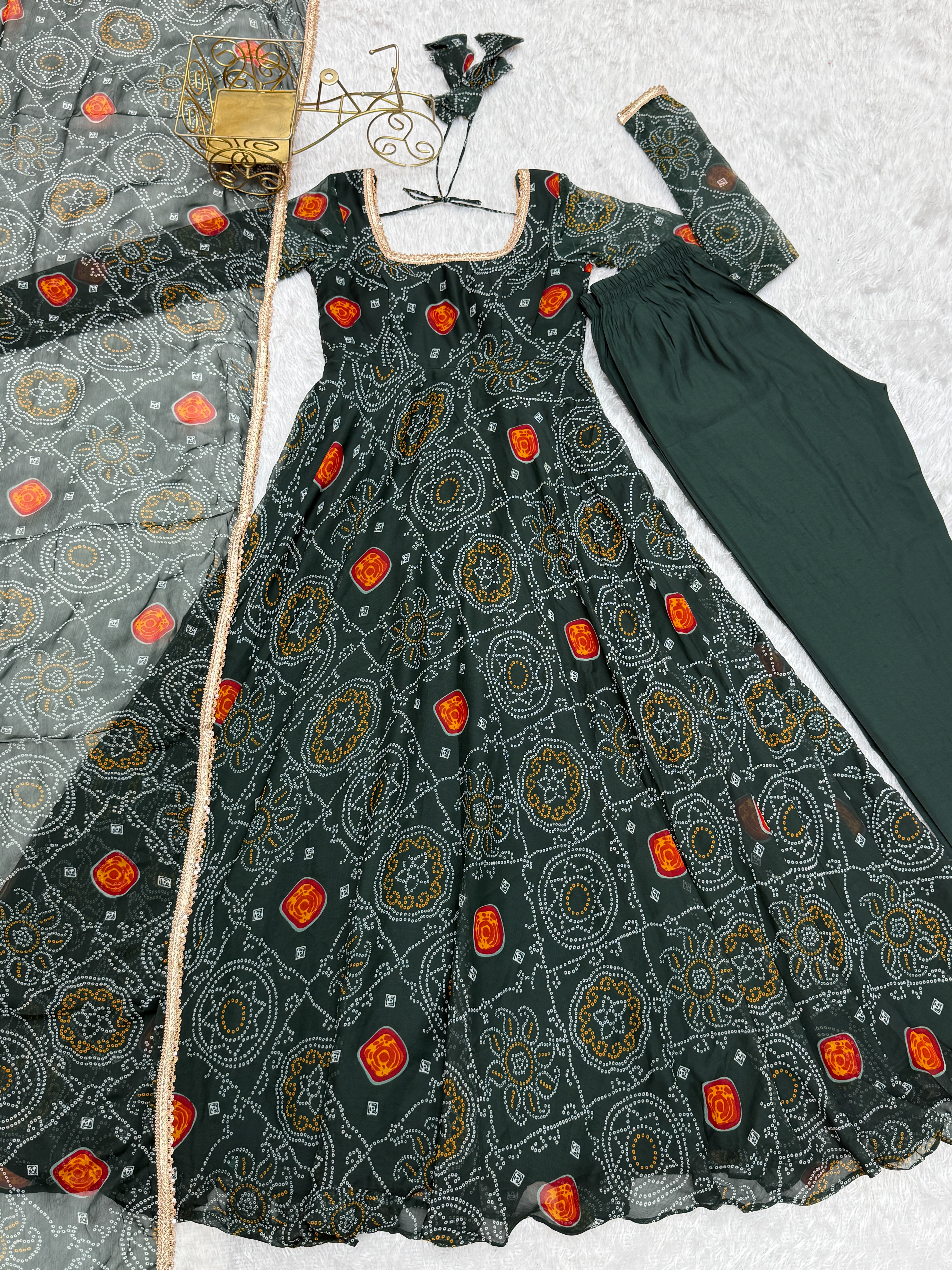 Festive Wear Green Color Pure Soft Lightweight Chiffon Bandhej Fabric Designer Gown