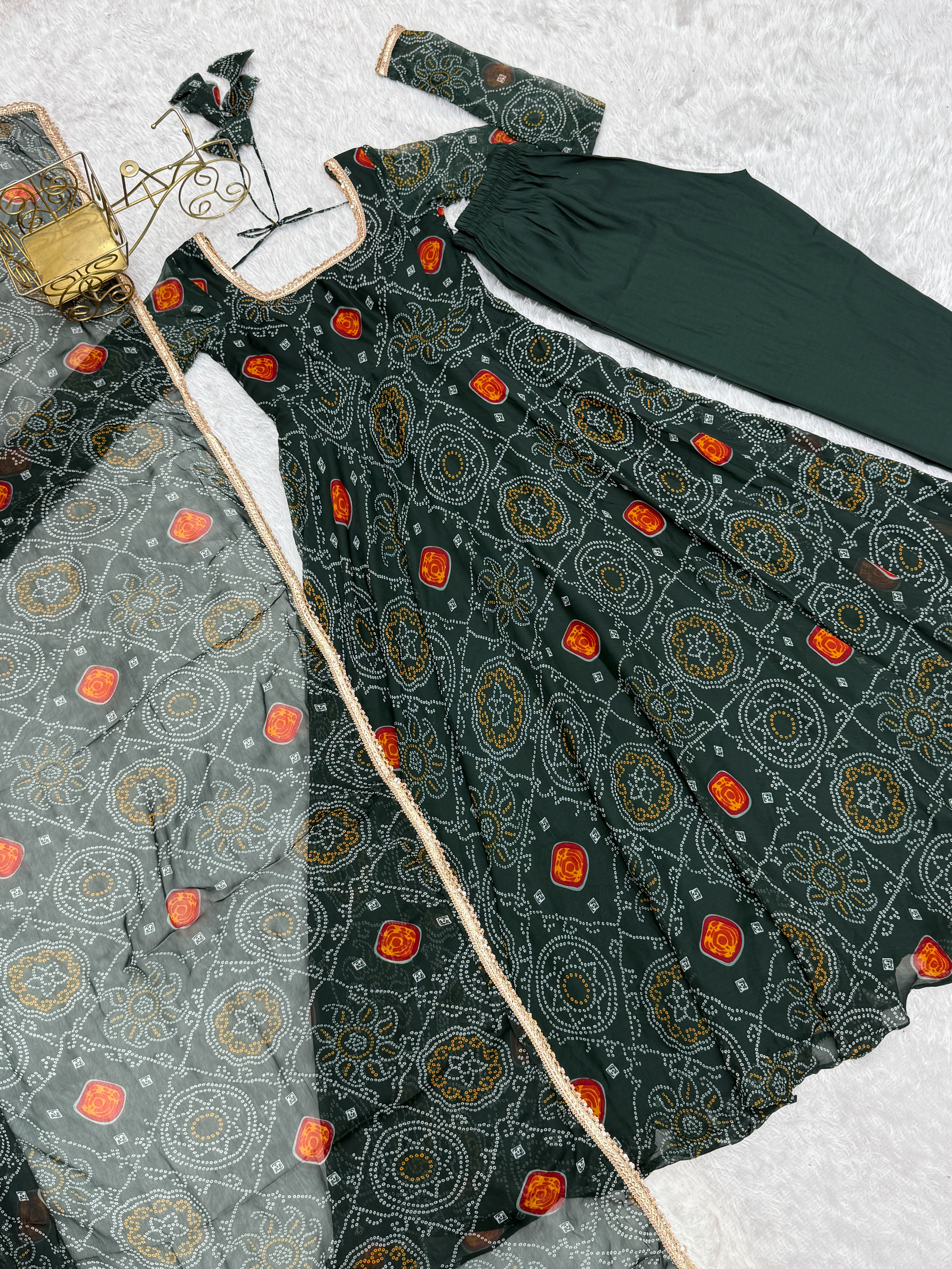 Festive Wear Green Color Pure Soft Lightweight Chiffon Bandhej Fabric Designer Gown