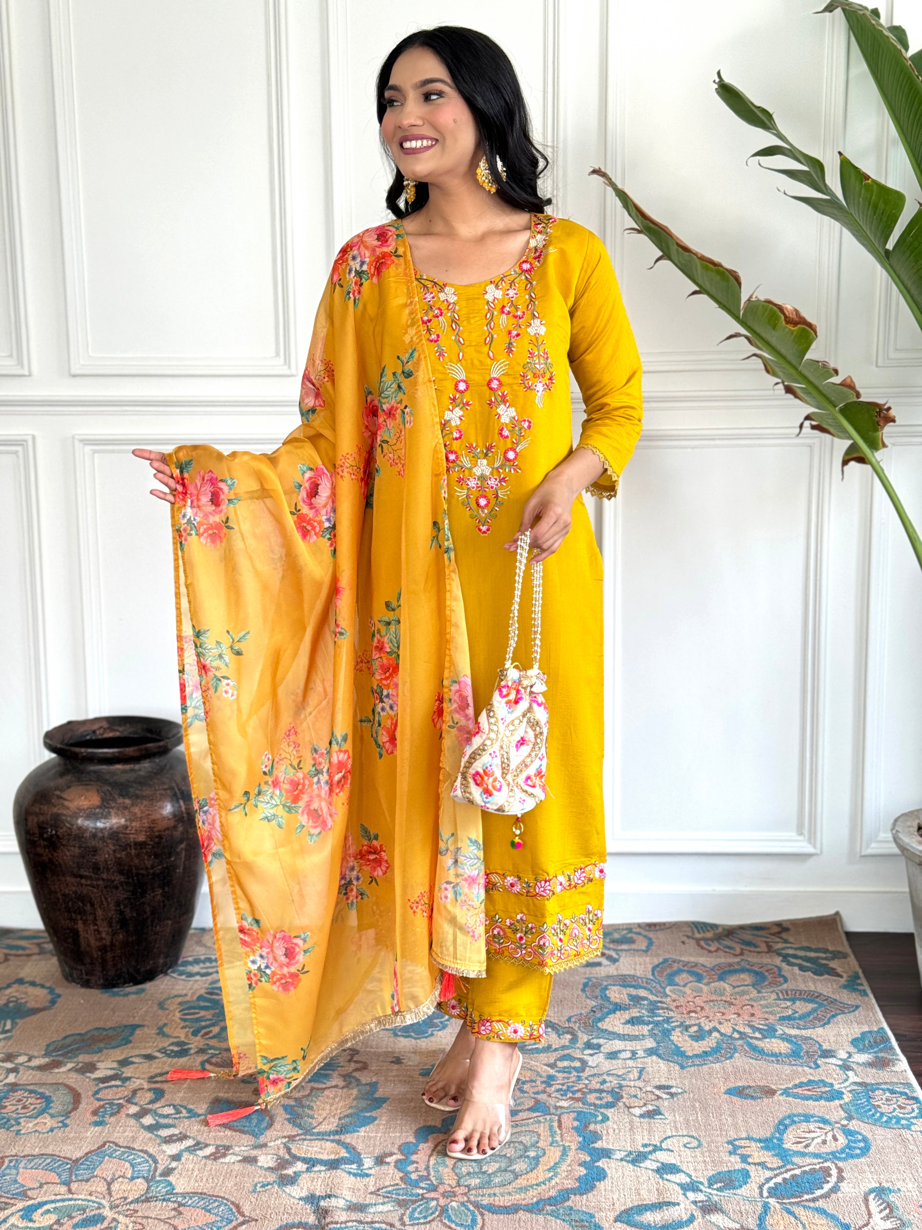 Casual Wear Mustard Color Chanderi With Embroidery Work 3 Piece Kurta Set