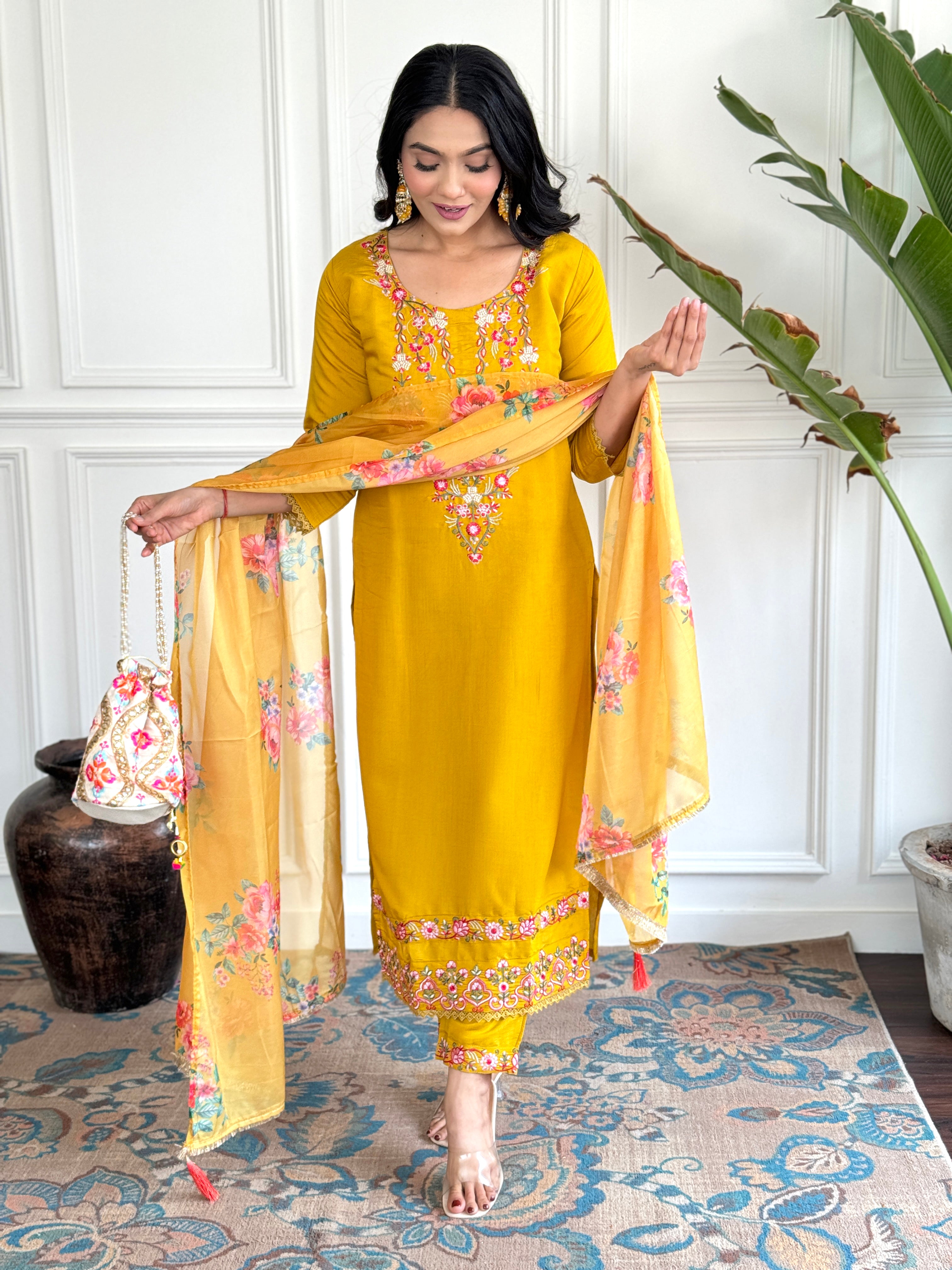 Casual Wear Mustard Color Chanderi With Embroidery Work 3 Piece Kurta Set