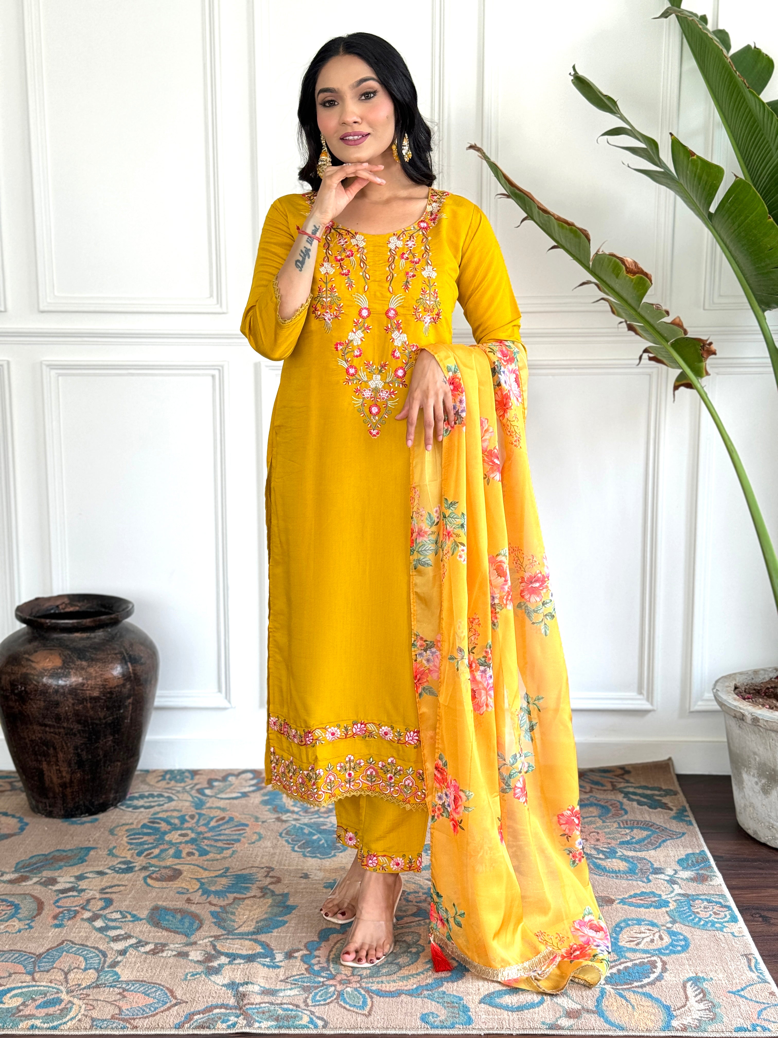 Casual Wear Mustard Color Chanderi With Embroidery Work 3 Piece Kurta Set