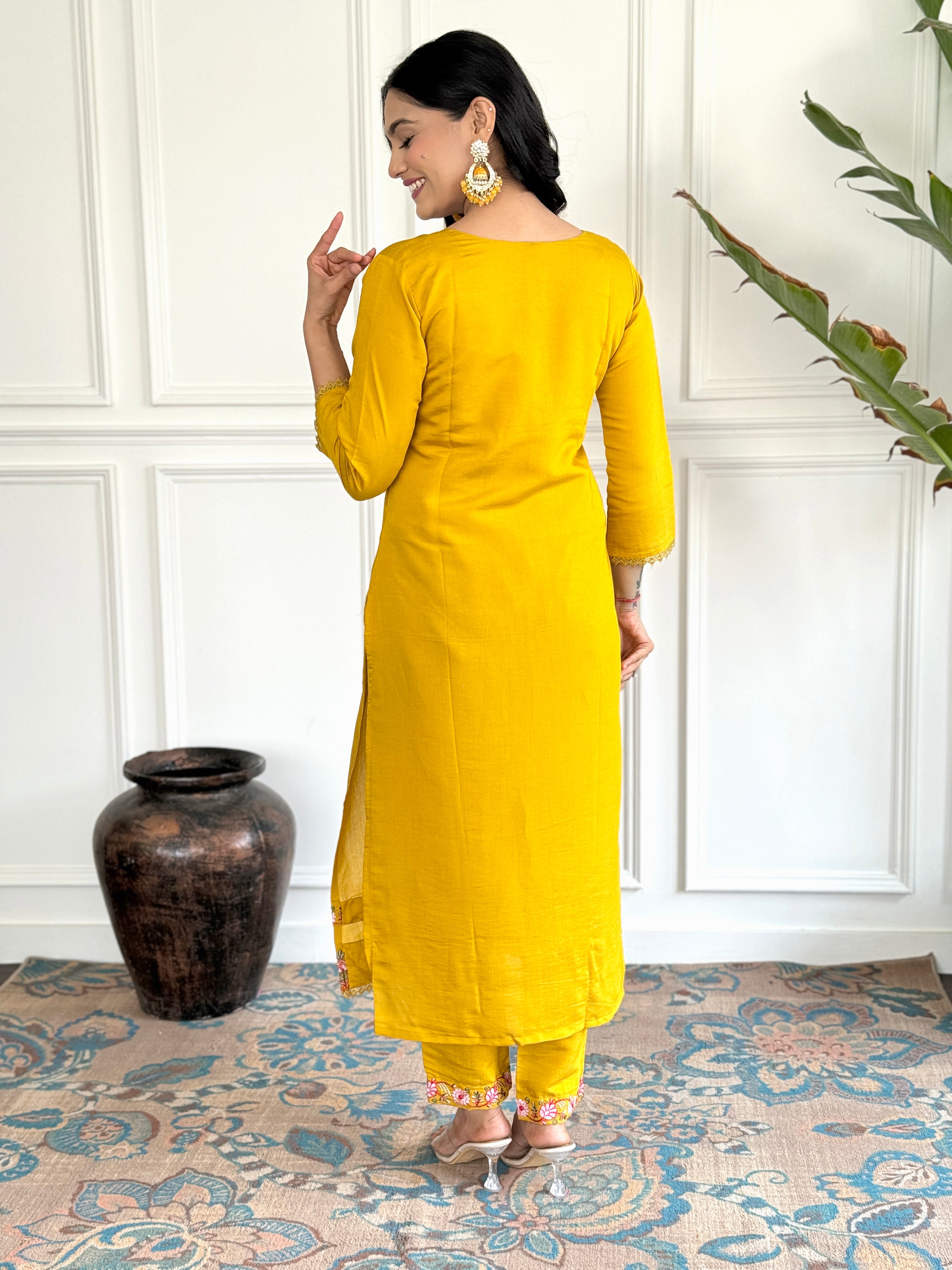 Casual Wear Mustard Color Chanderi With Embroidery Work 3 Piece Kurta Set