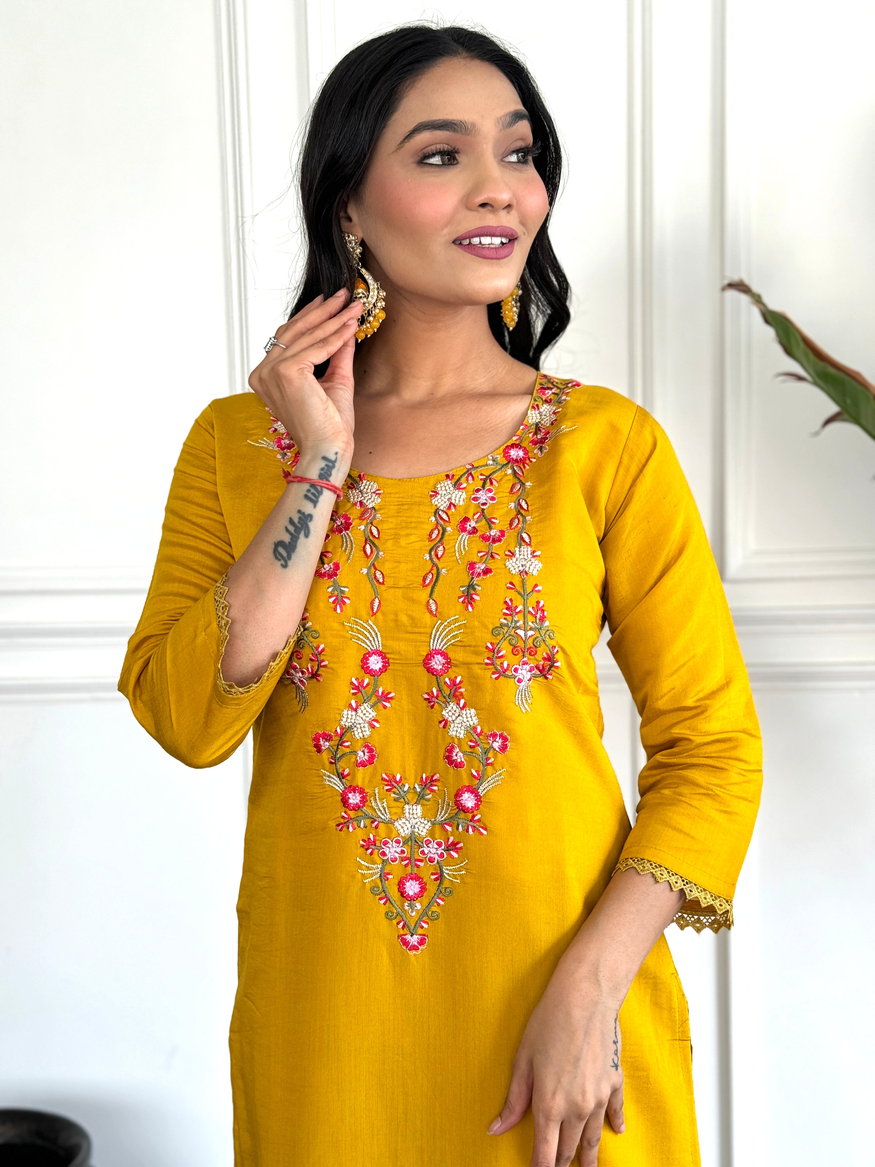Casual Wear Mustard Color Chanderi With Embroidery Work 3 Piece Kurta Set