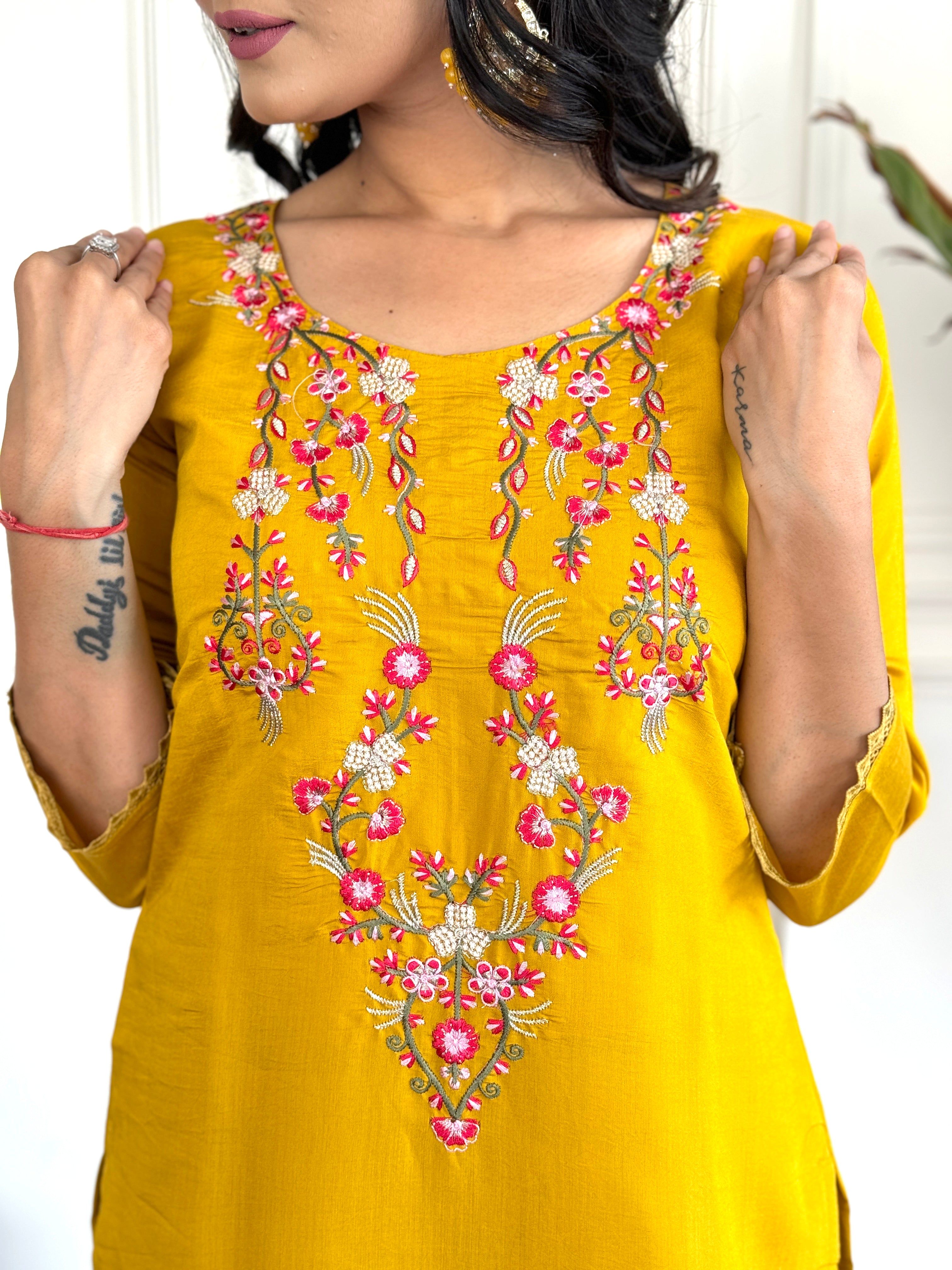 Casual Wear Mustard Color Chanderi With Embroidery Work 3 Piece Kurta Set