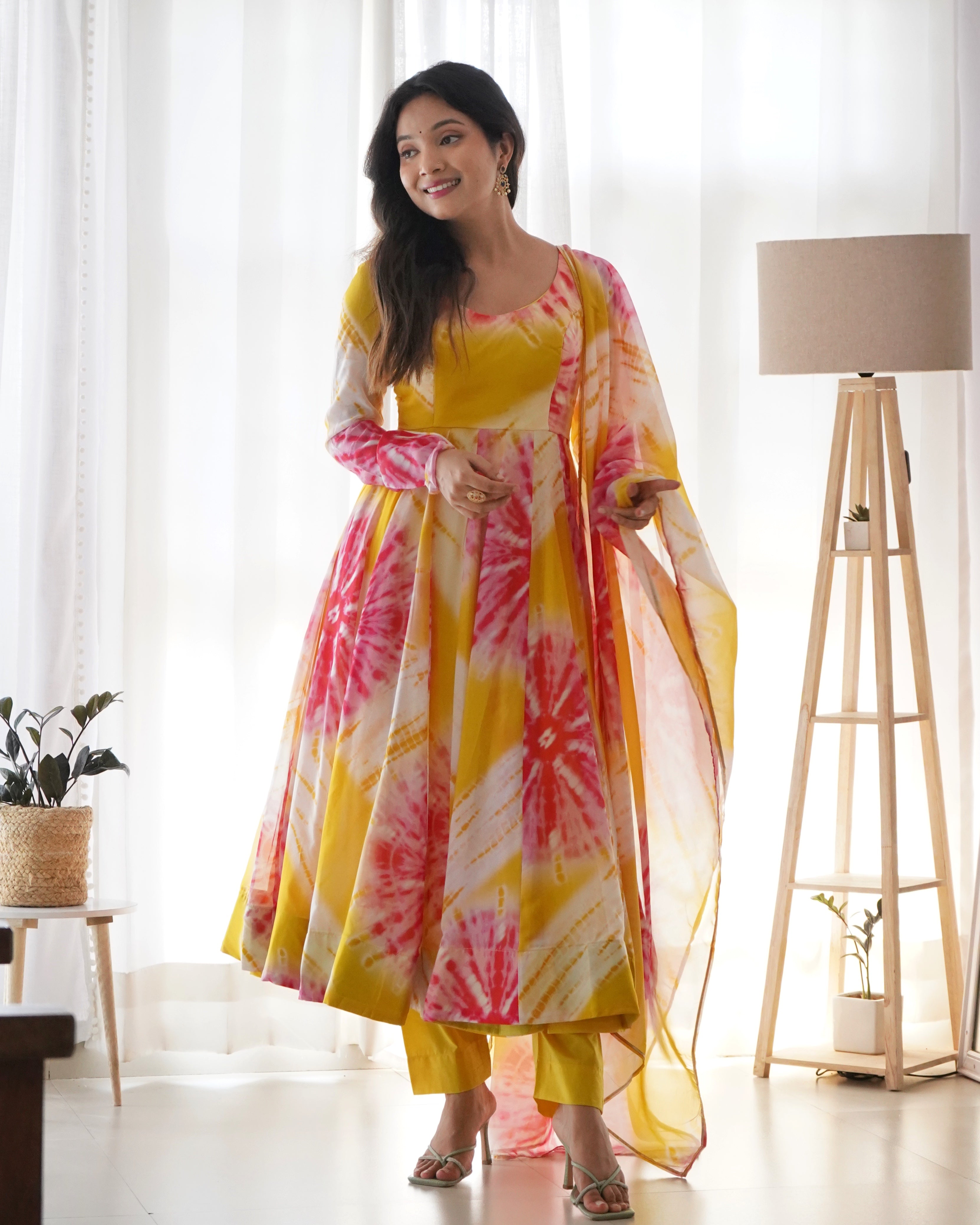 Shibori Print Yellow Color Anarkali Suit