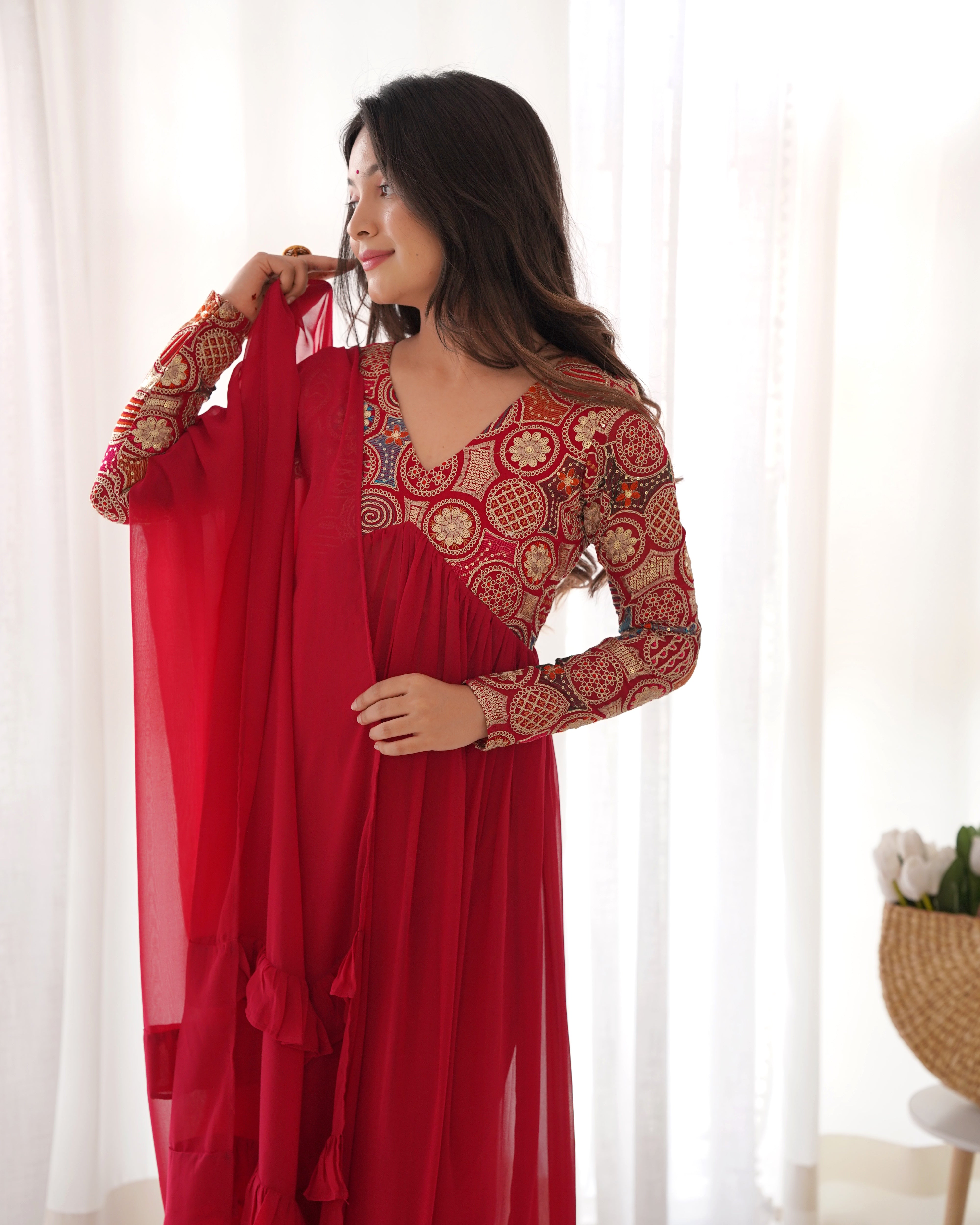 Stunning Nayra Cut Red Color Kurta Set