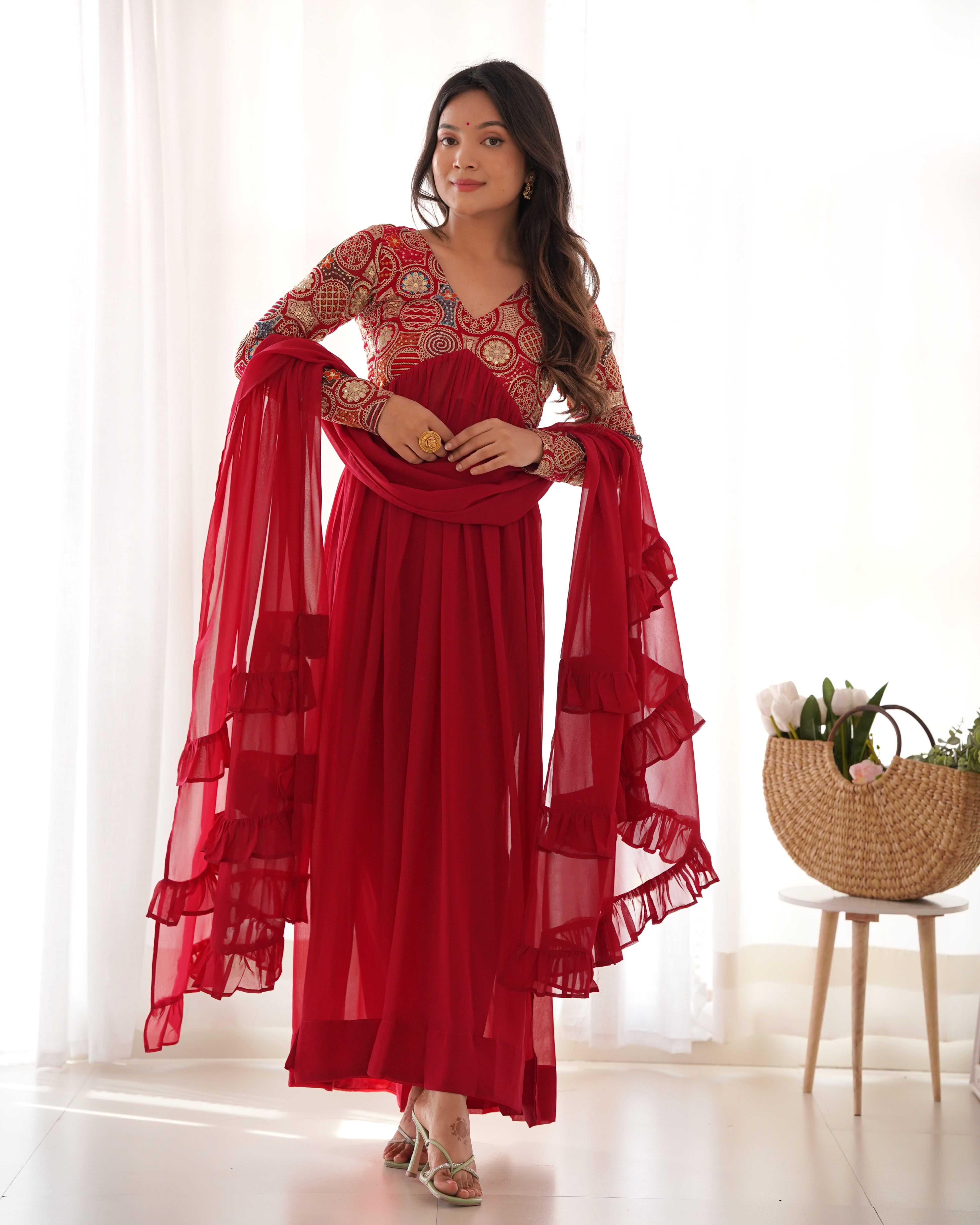 Stunning Nayra Cut Red Color Kurta Set