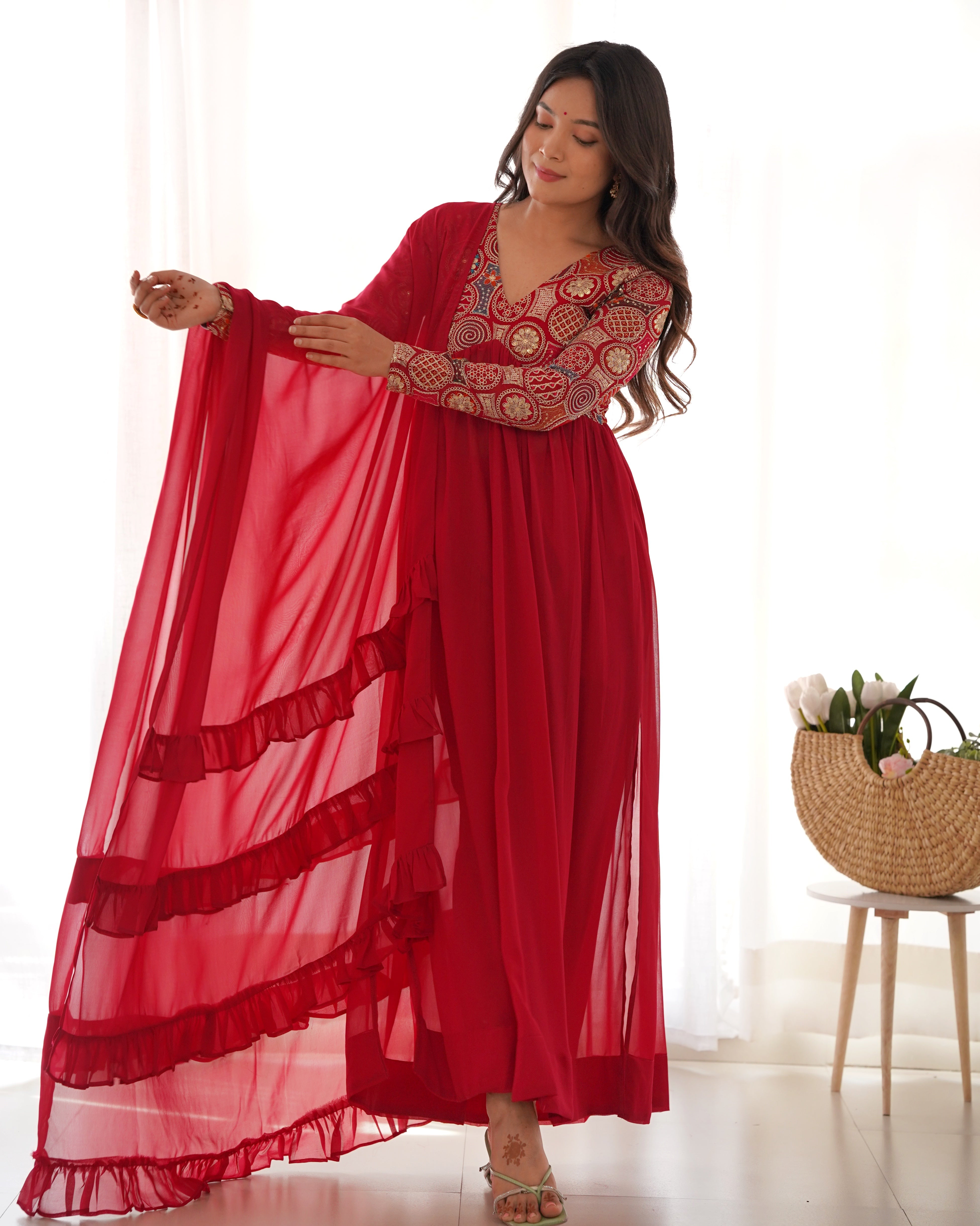 Stunning Nayra Cut Red Color Kurta Set