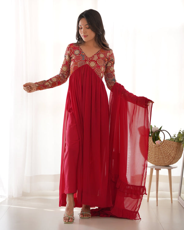 Stunning Nayra Cut Red Color Kurta Set