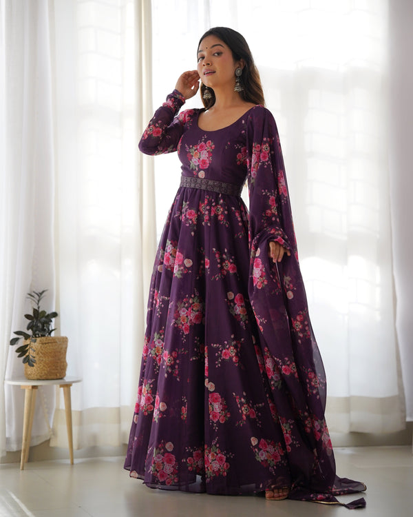 Organza Silk Wine Color Gown With Dupatta