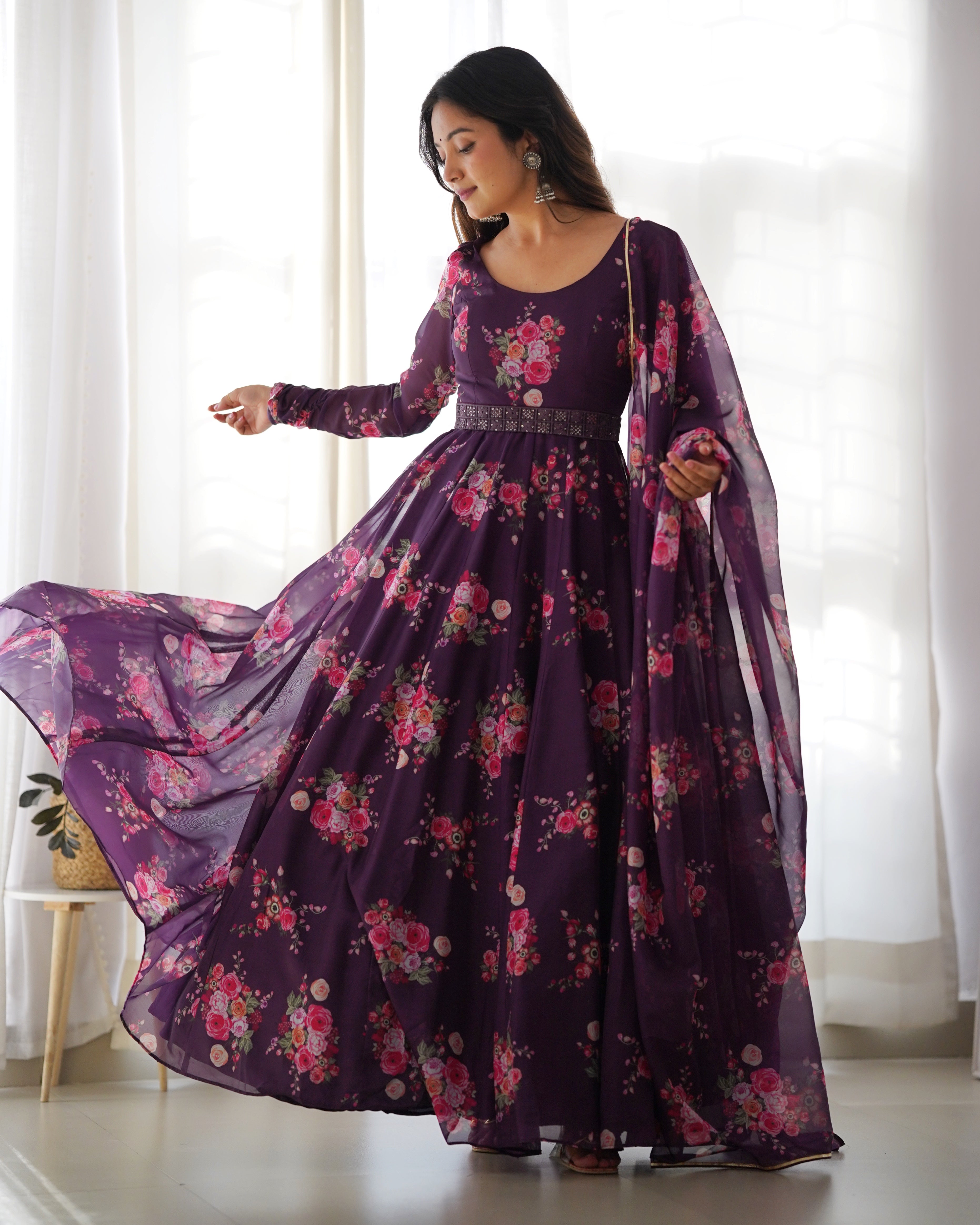 Organza Silk Wine Color Gown With Dupatta