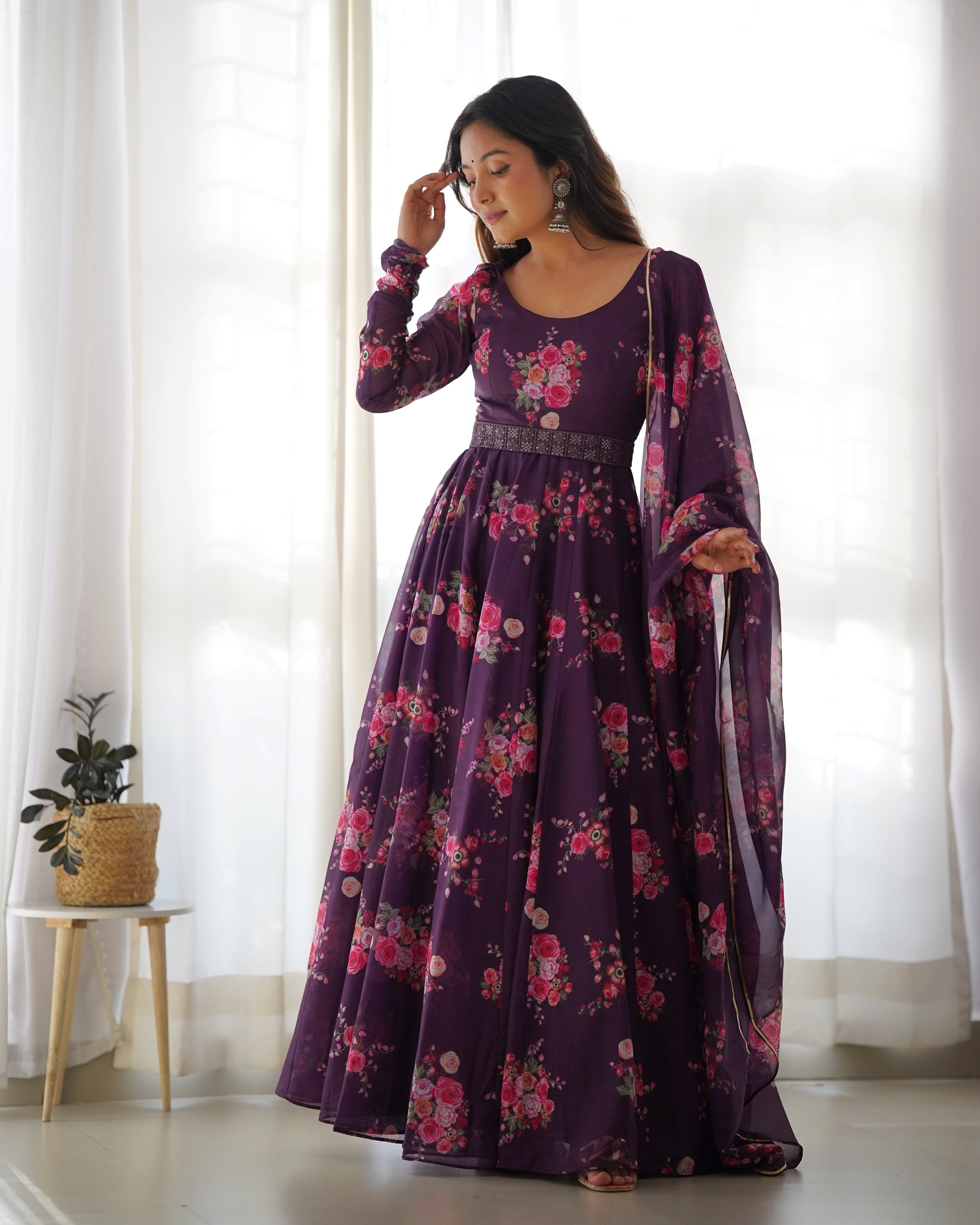 Organza Silk Wine Color Gown With Dupatta