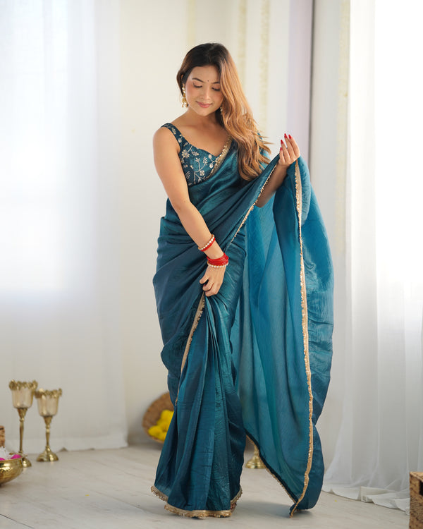Ceremony Wear Teal Blue Color Premium Quality Gold Crush Tissue Silk Fabric With Fancy Border Premium Lace Work Predrapped Saree