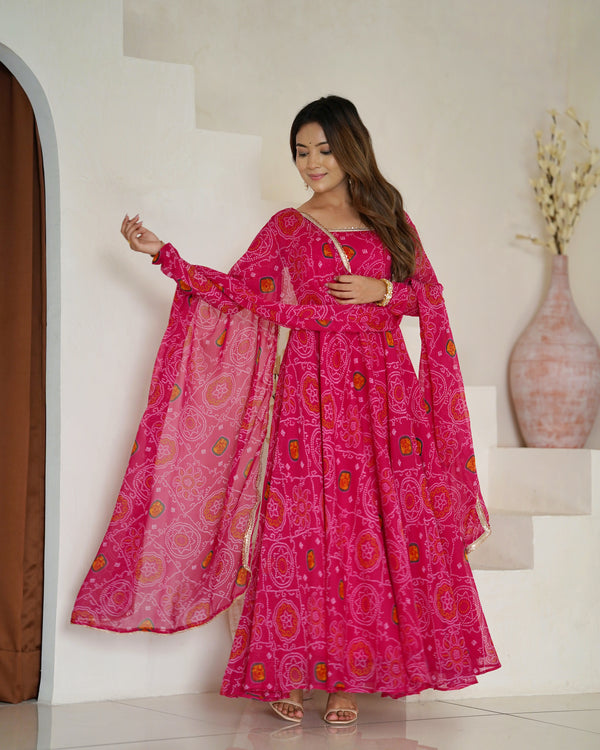Festive Wear Rani Pink Color Pure Soft Lightweight Chiffon Bandhej Fabric Designer Gown