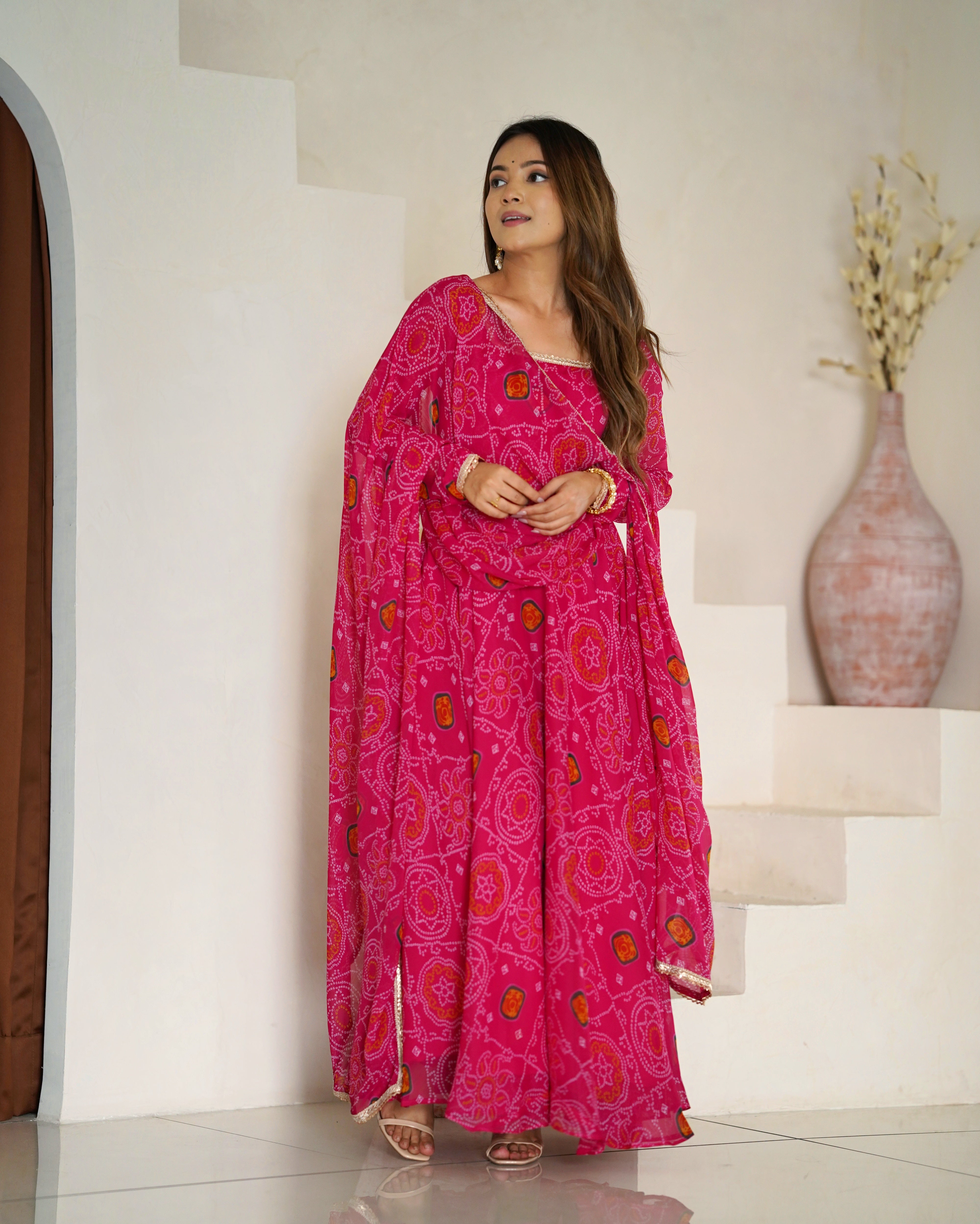 Festive Wear Rani Pink Color Pure Soft Lightweight Chiffon Bandhej Fabric Designer Gown