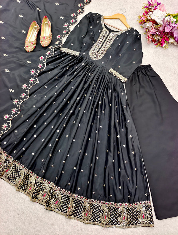 Party Wear Black Color Pure Natural Crep With Heavy Embroidery Sequence Work Designer Gown