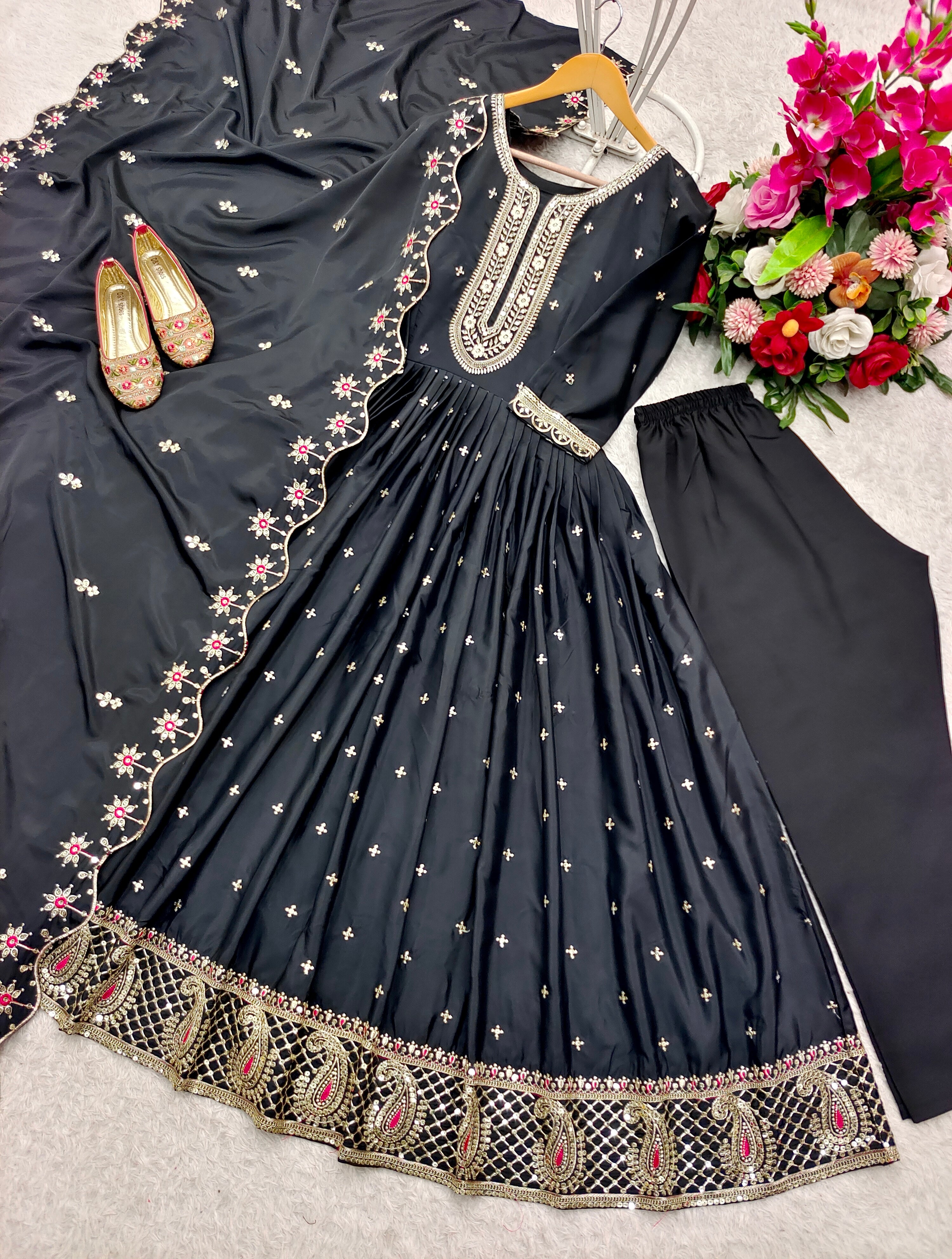 Party Wear Black Color Pure Natural Crep With Heavy Embroidery Sequence Work Designer Gown