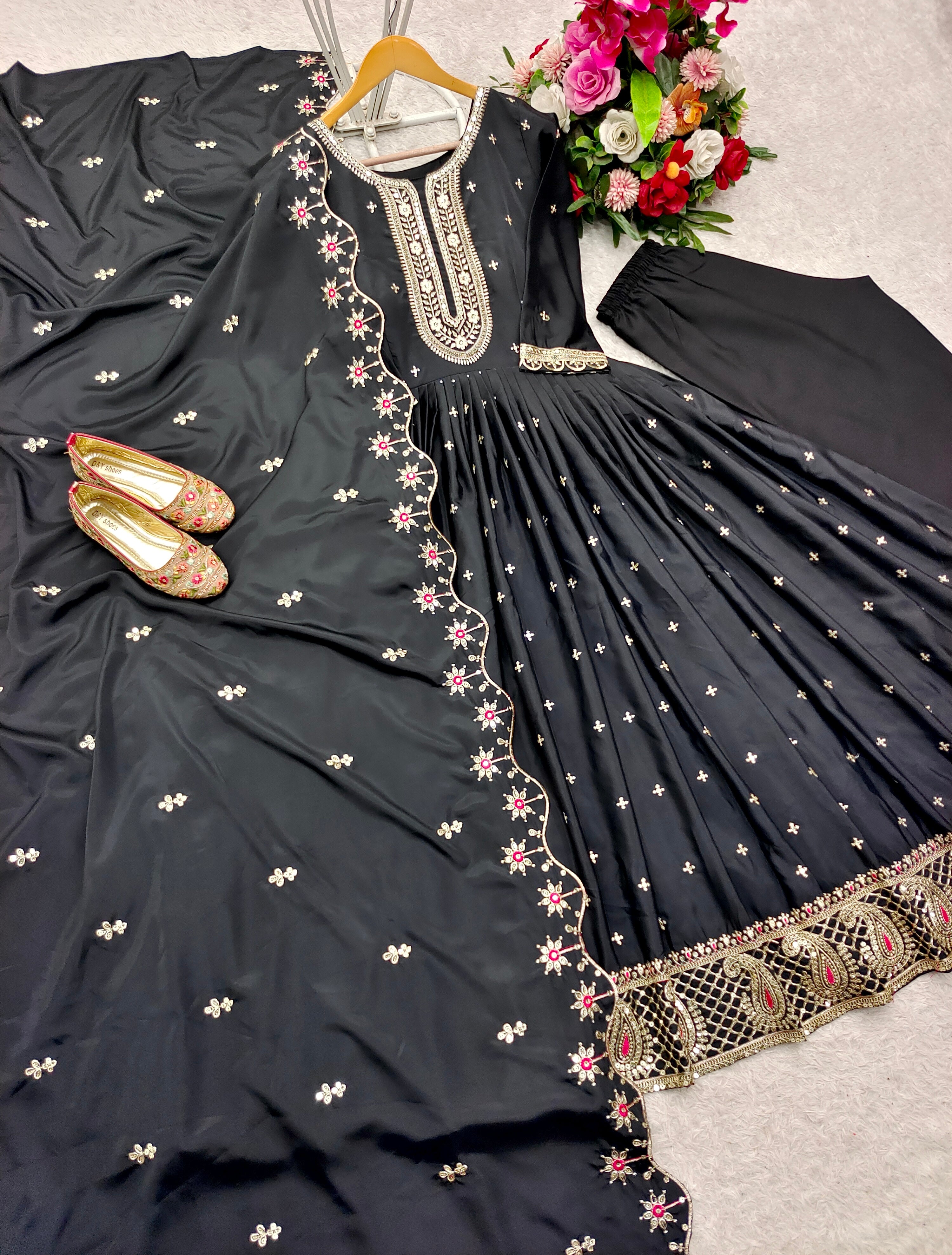 Party Wear Black Color Pure Natural Crep With Heavy Embroidery Sequence Work Designer Gown