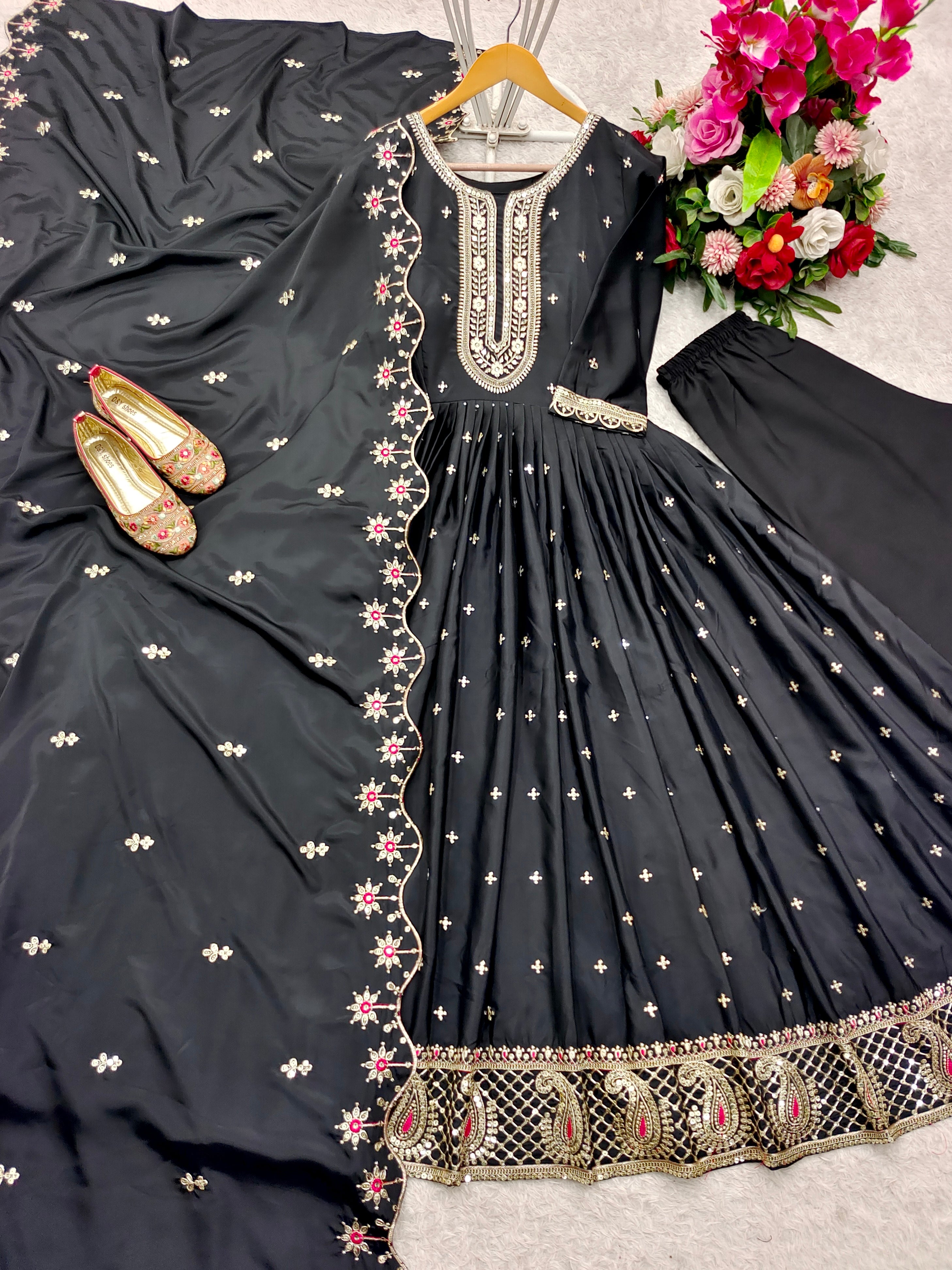 Party Wear Black Color Pure Natural Crep With Heavy Embroidery Sequence Work Designer Gown