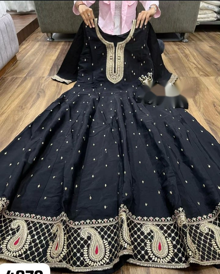 Party Wear Black Color Pure Natural Crep With Heavy Embroidery Sequence Work Designer Gown