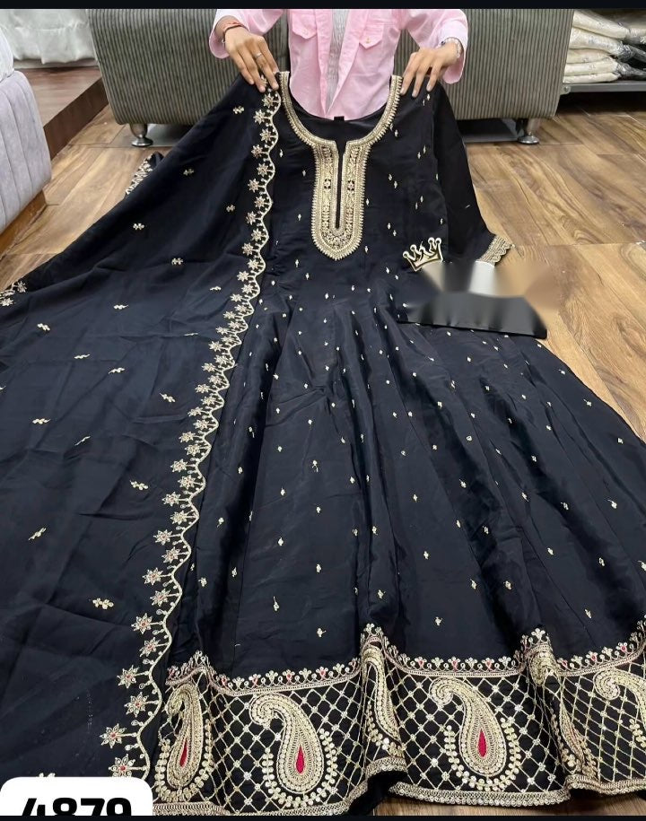 Party Wear Black Color Pure Natural Crep With Heavy Embroidery Sequence Work Designer Gown