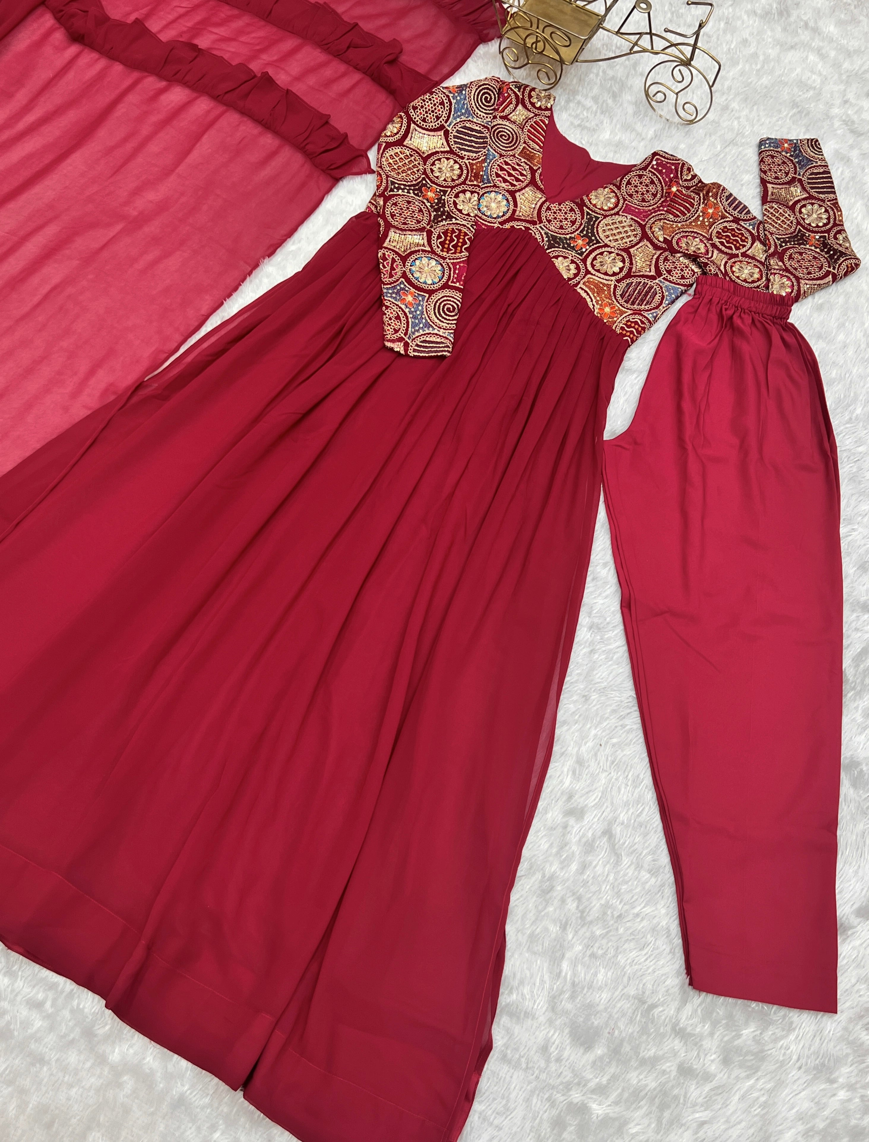 Stunning Nayra Cut Red Color Kurta Set