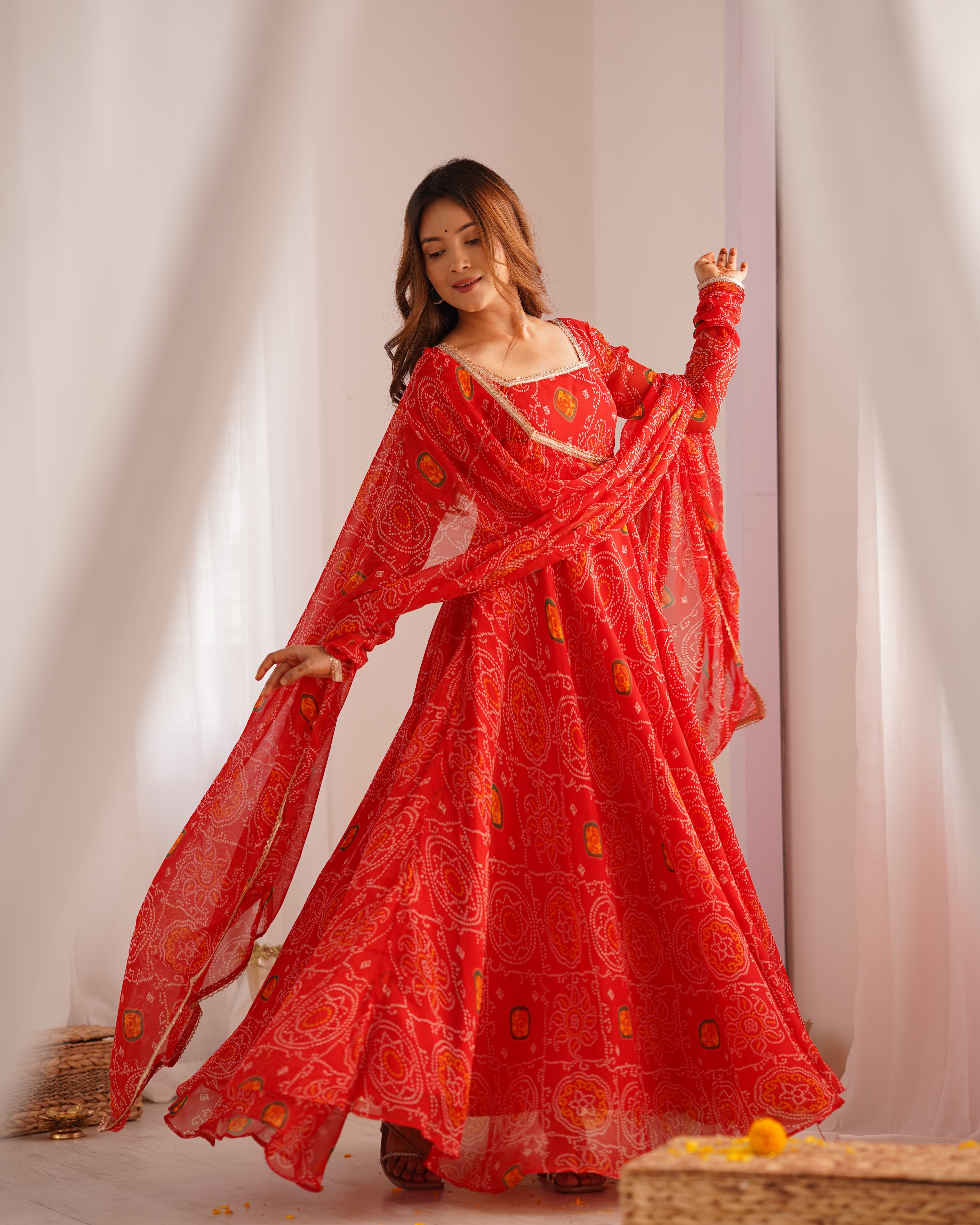 Festive Wear Red Color Pure Soft Lightweight Chiffon Bandhej Fabric Designer Gown