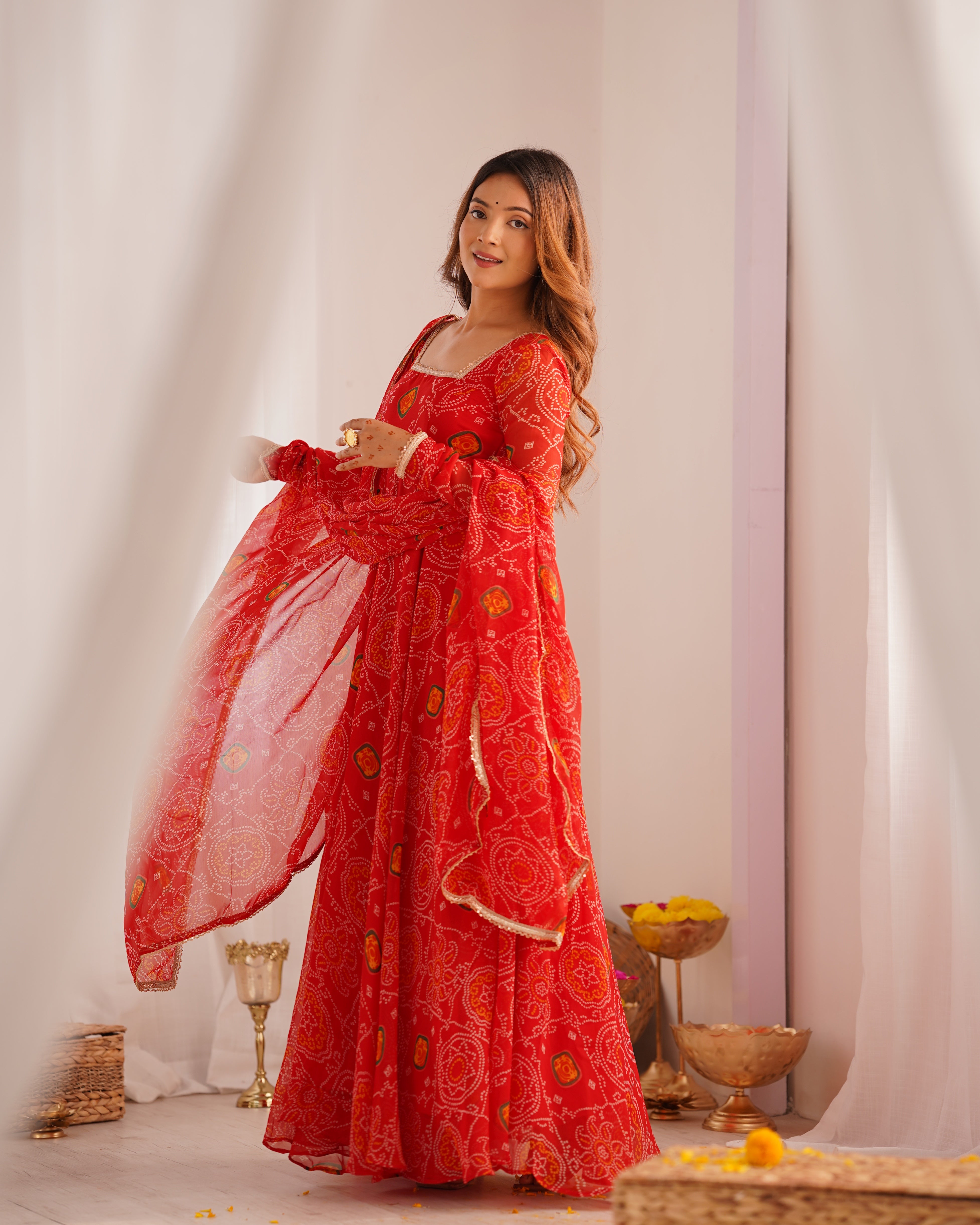 Festive Wear Red Color Pure Soft Lightweight Chiffon Bandhej Fabric Designer Gown