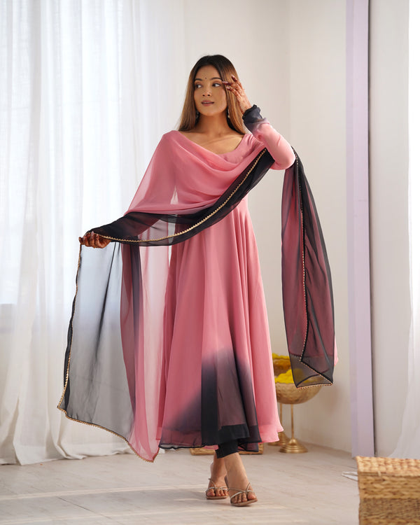 Party Wear Peach And Black Color Heavy Pure Soft Faux Georgette Designer Anarkali Gown