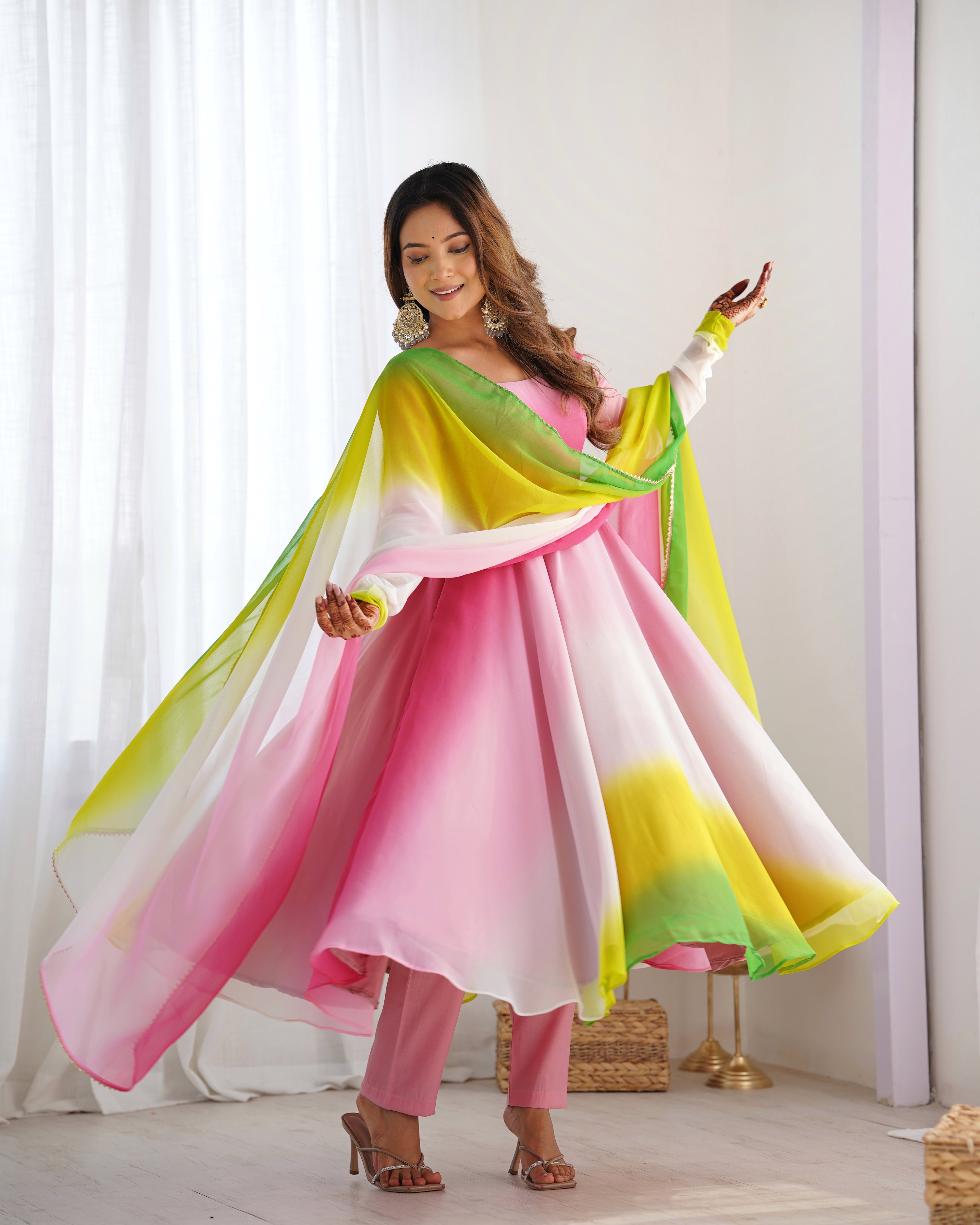Party Wear Peach And Pink Color Heavy Pure Soft Faux Georgette Designer Anarkali Gown