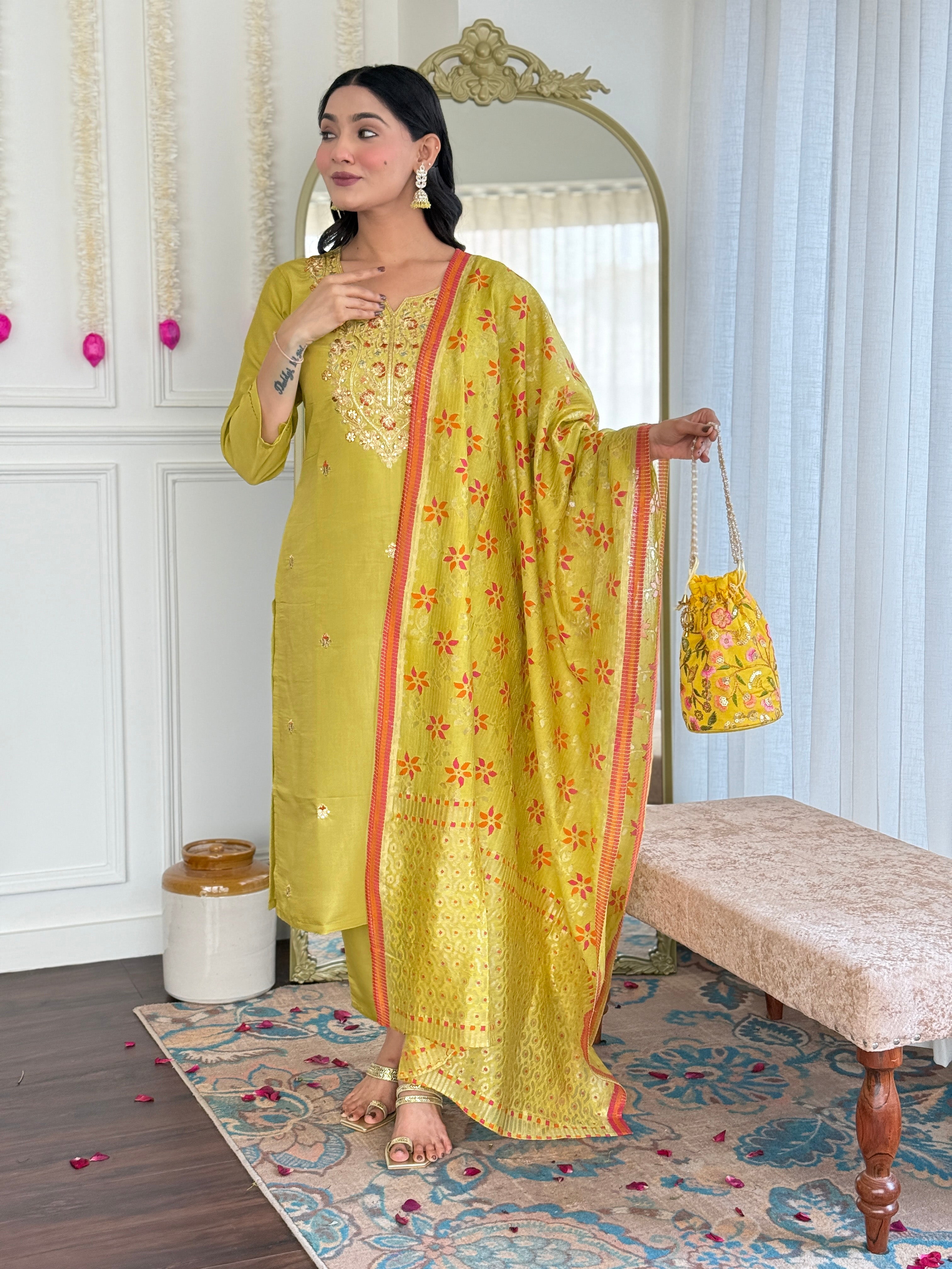 Attractive Mustard Color Viscose Chanderi With Embroidery Work Beautiful Kurta Set